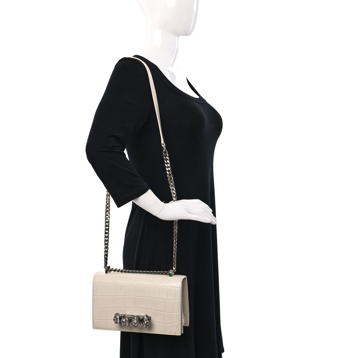 Shiny Calfskin Crocodile Embossed Knuckle Jeweled Crossbody White
