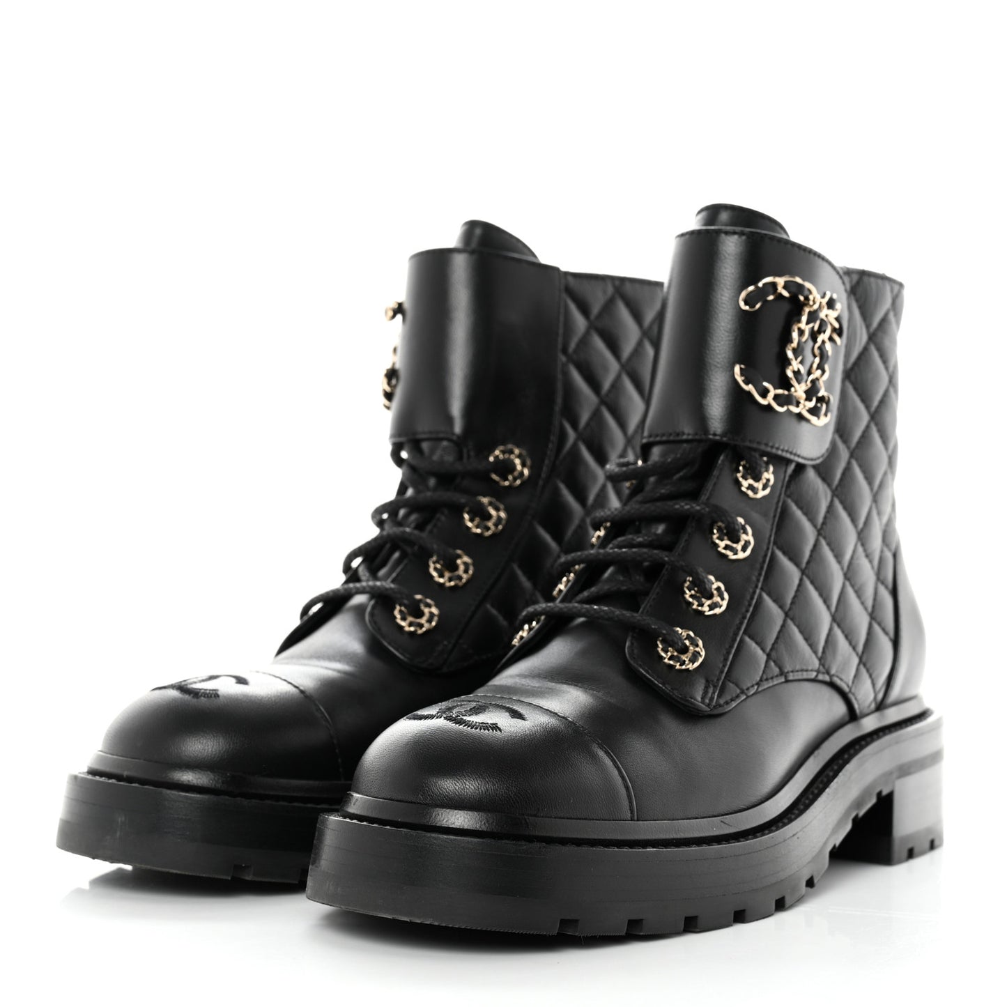 Shiny Calfskin Quilted Lace Up Combat Boots 36.5 Black