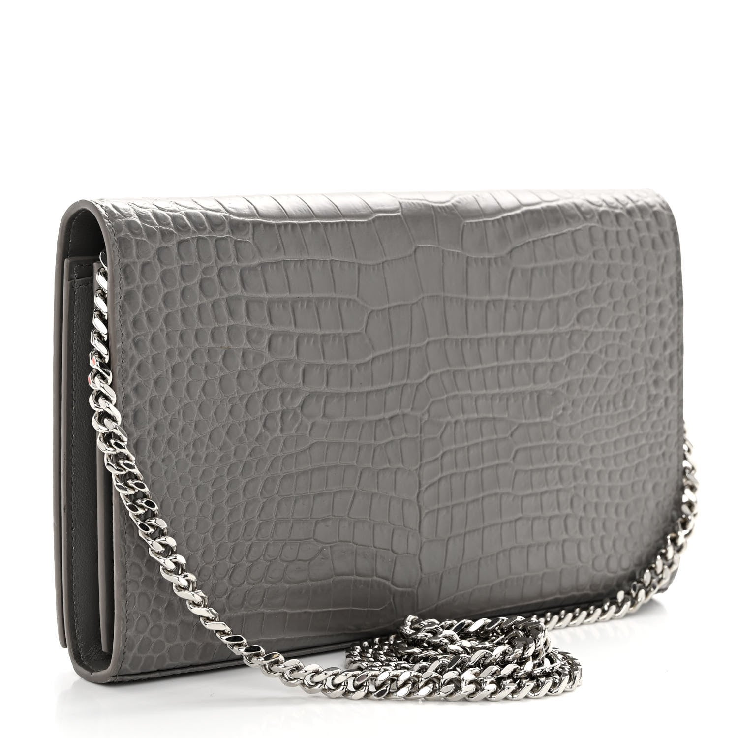 Saint Laurent Calfskin Crocodile Embossed Monogram Chain Wallet Fog 3 of 10