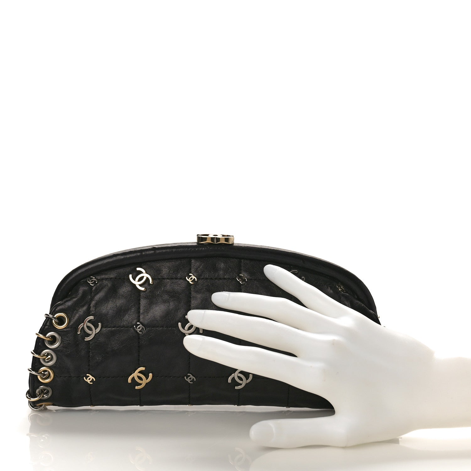 Chanel Calfskin Square Quilted Grommet Embellished Piercing Chic Clutch Black 2 of 9