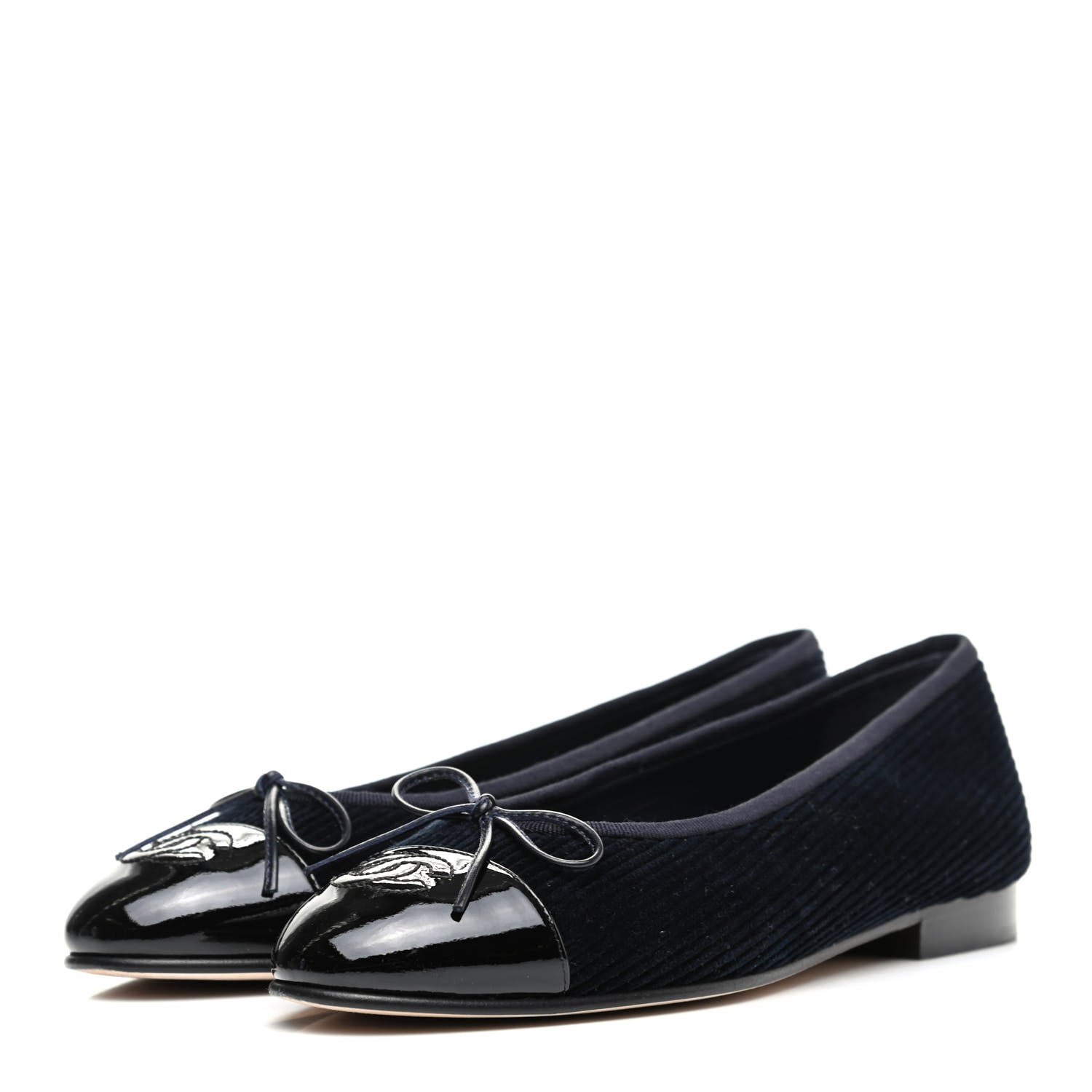 Chanel Corduroy Patent Cap Toe CC Ballerina Flats 36.5 Navy Black 3 of 9