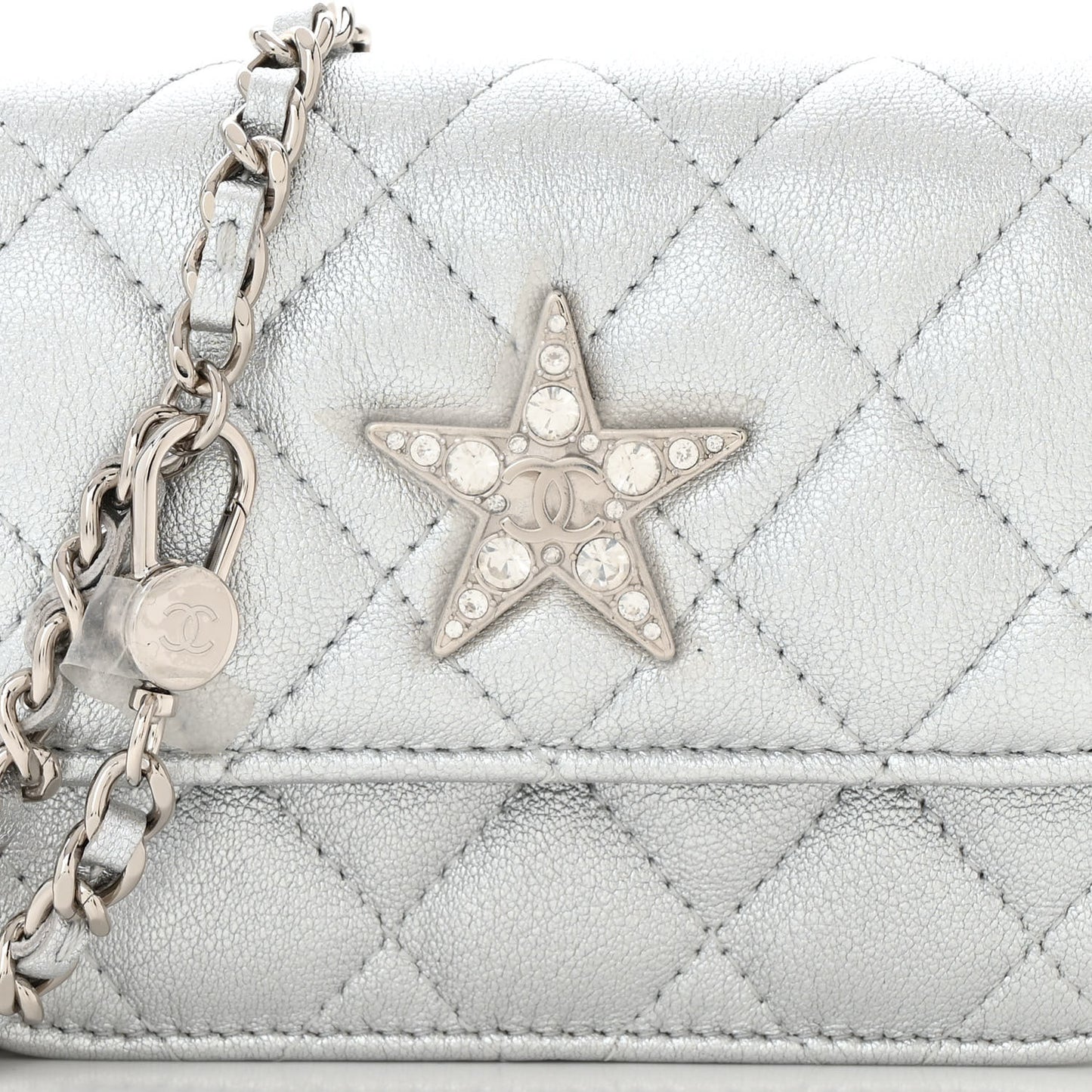 Metallic Goatskin Quilted Crystal CC Walk Of Fame Clutch With Chain Silver