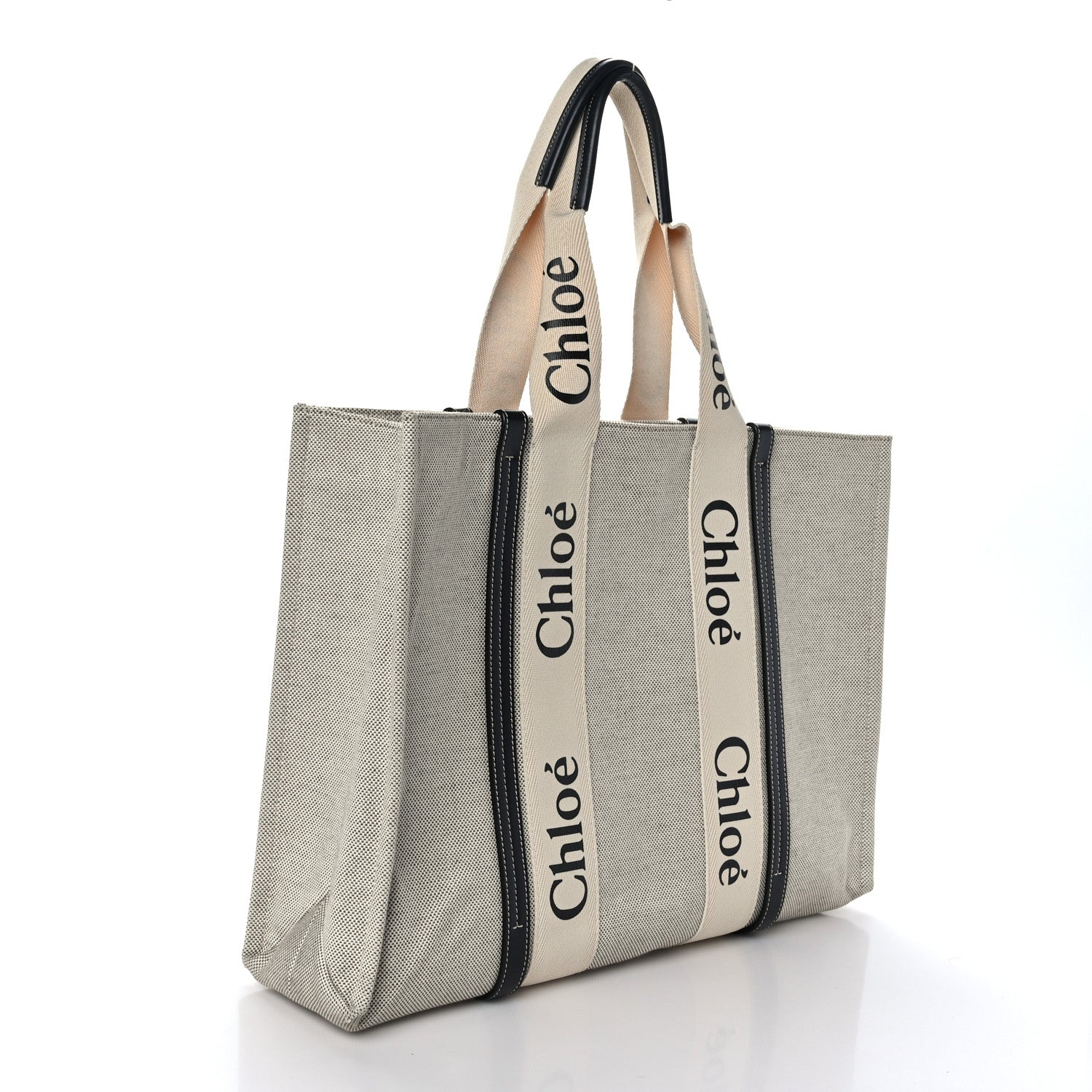 Chloe Cotton Calfskin Large Woody Ribbon Tote White Black 3 of 10