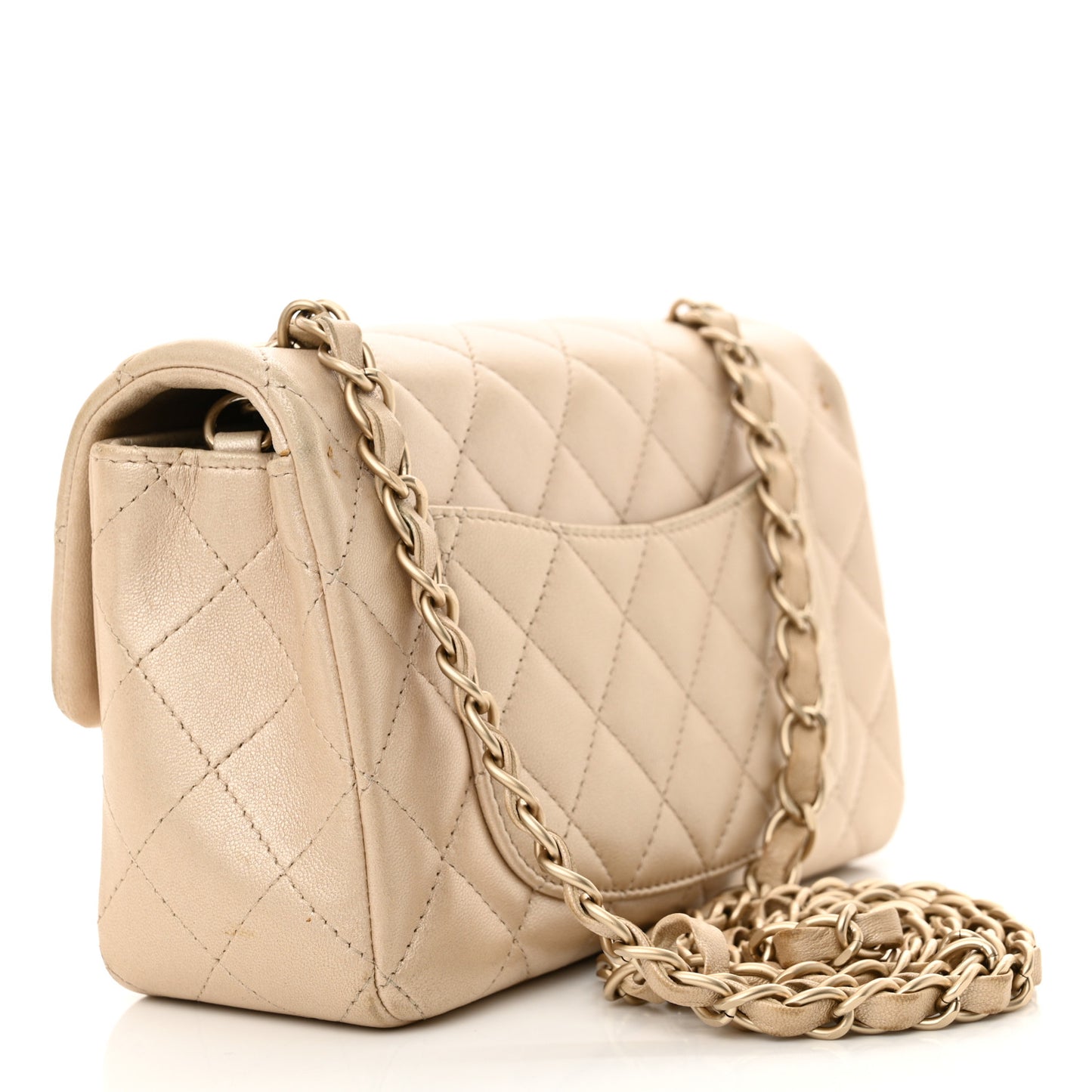 Iridescent Calfskin Quilted Mini Rectangular Flap Beige