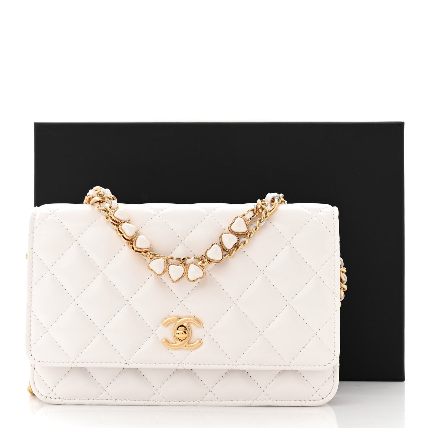 Lambskin Quilted Hearts CC Wallet On Chain WOC White