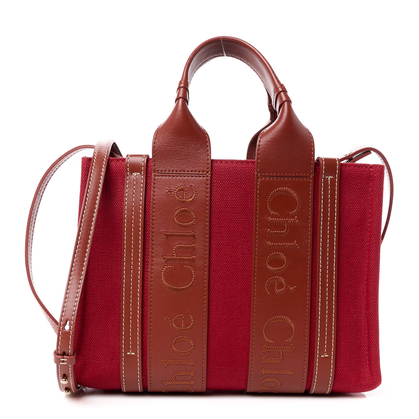 Cotton Calfskin Small Woody Ribbon Tote With Strap Dark Red