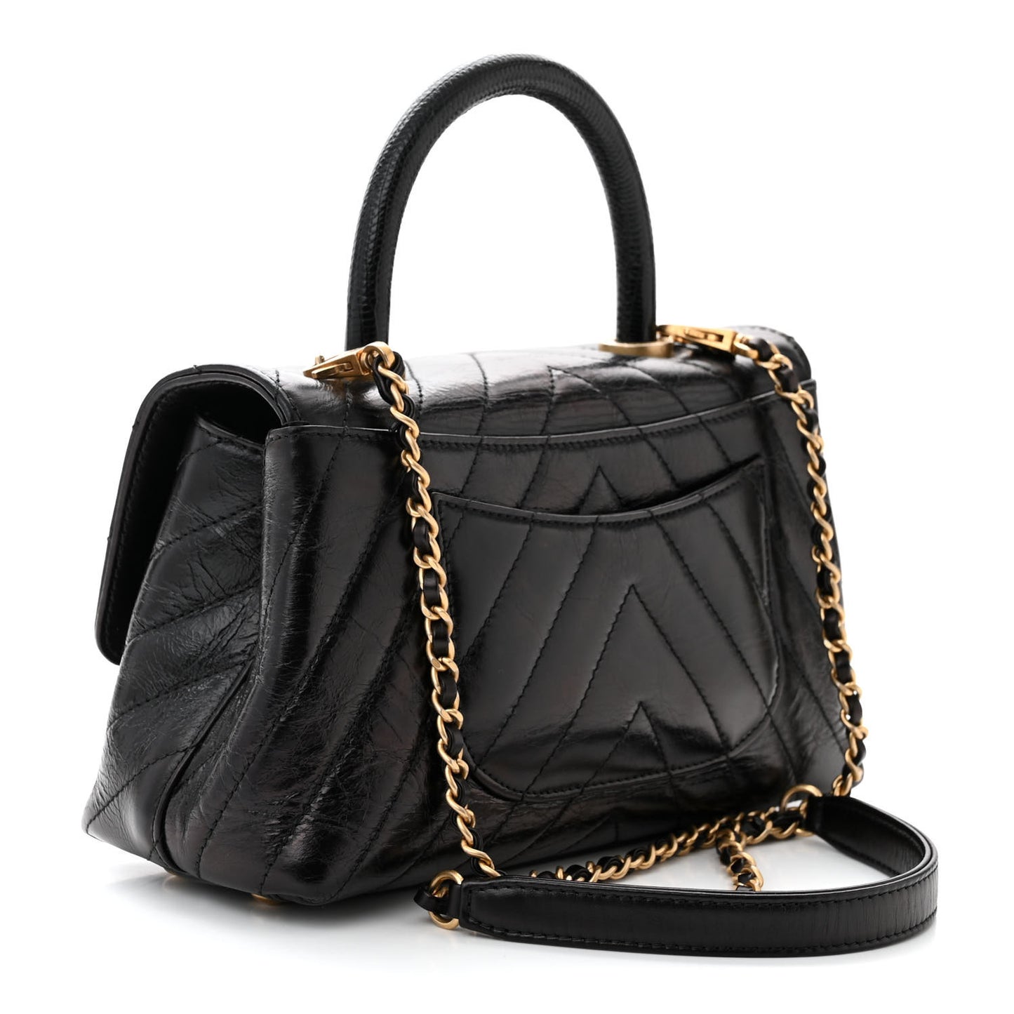 Calfskin Lizard Chevron Quilted Mini Coco Handle Flap Black