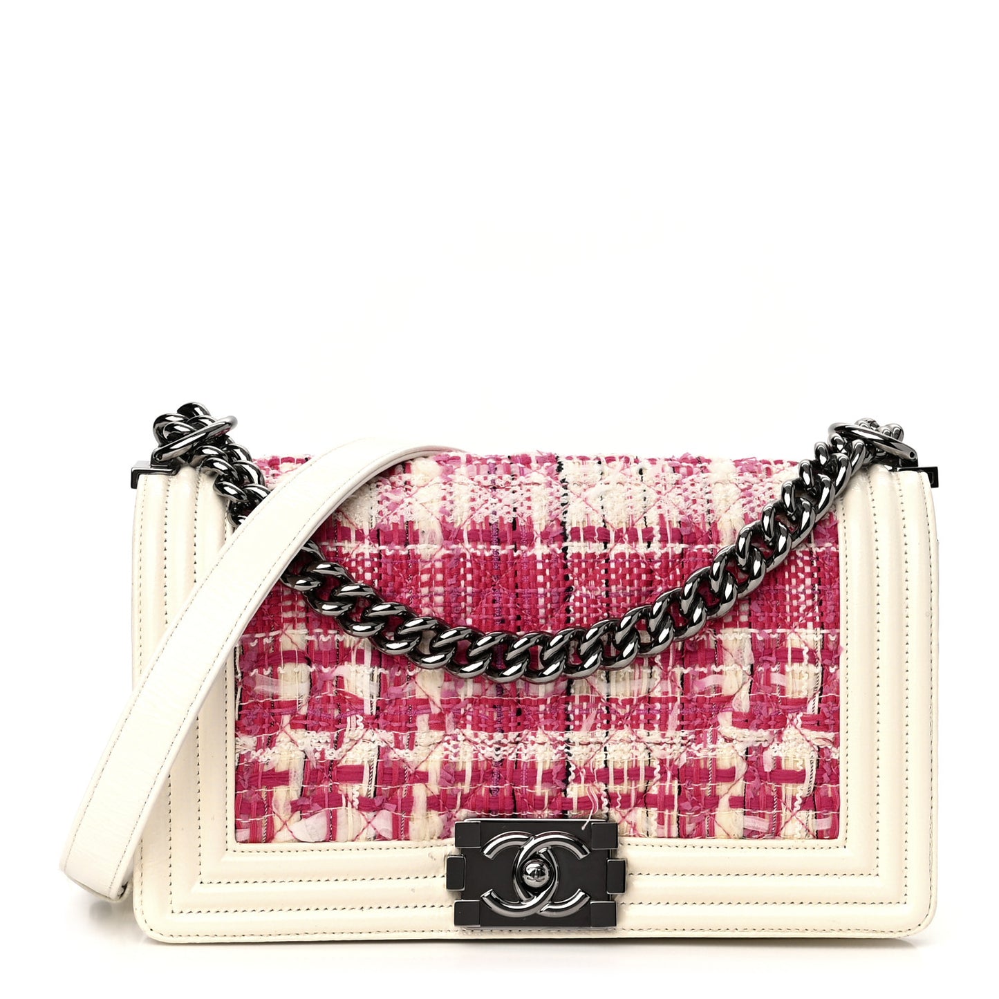 Patent Tweed Medium Boy Flap White