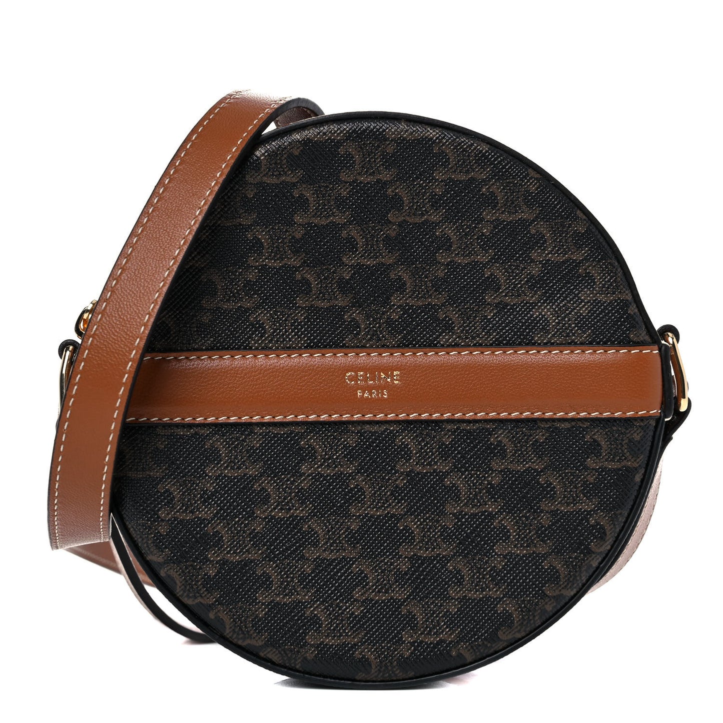 Lambskin Triomphe Canvas Round Purse On Strap Black Tan