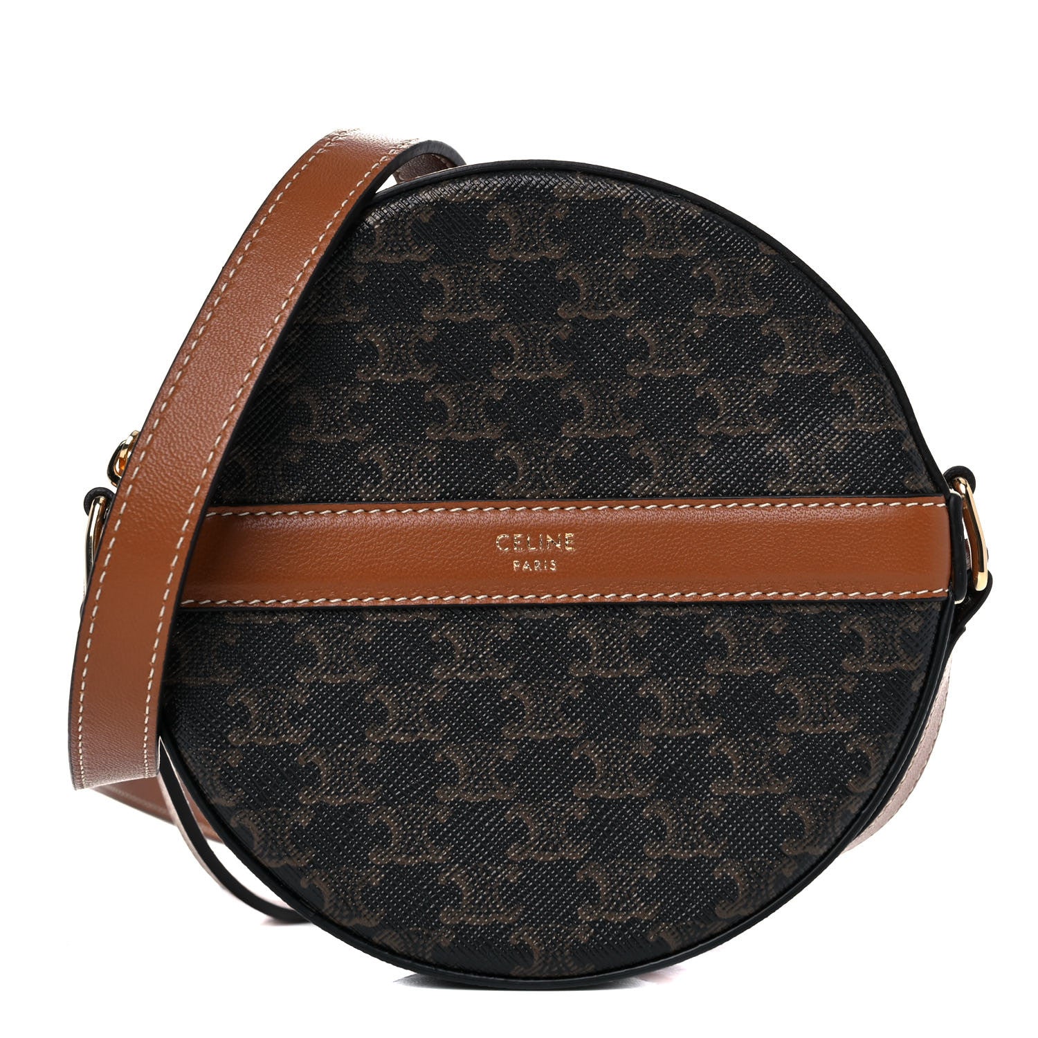 Celine Lambskin Triomphe Canvas Round Purse On Strap Black Tan 1 of 10