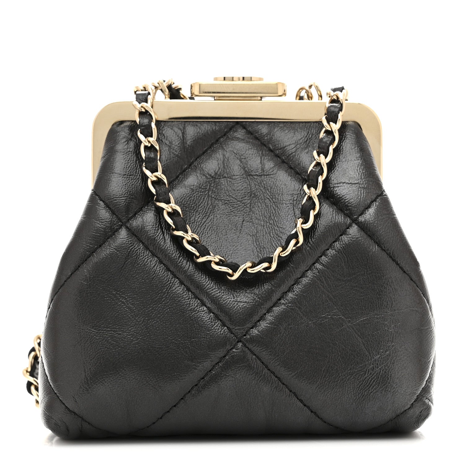 Chanel Shiny Aged Lambskin Quilted Kiss Lock Clutch With Chain