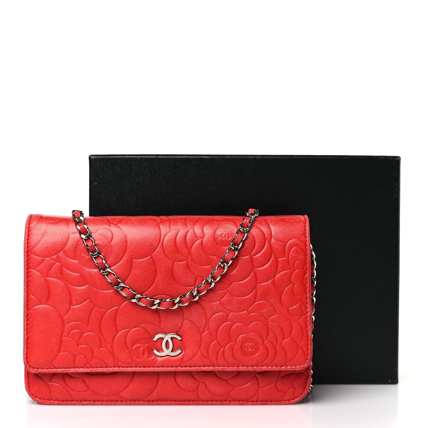 Lambskin Camellia Embossed Wallet on Chain WOC Red