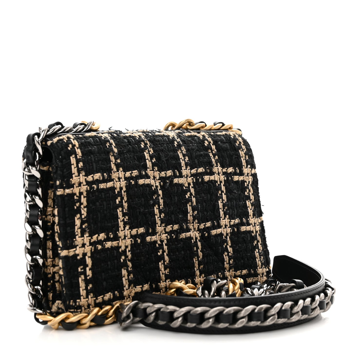 Tweed Quilted Chanel 19 Wallet On Chain WOC Black Beige