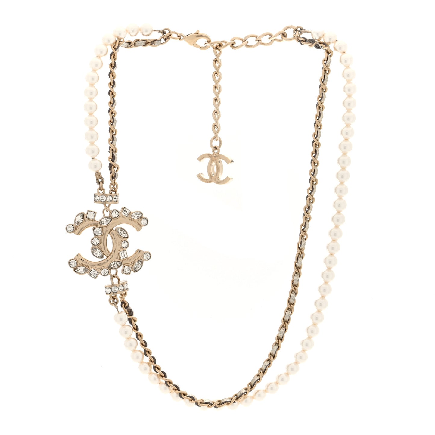 Pearl Crystal Metallic Lambskin CC Choker Necklace Gold