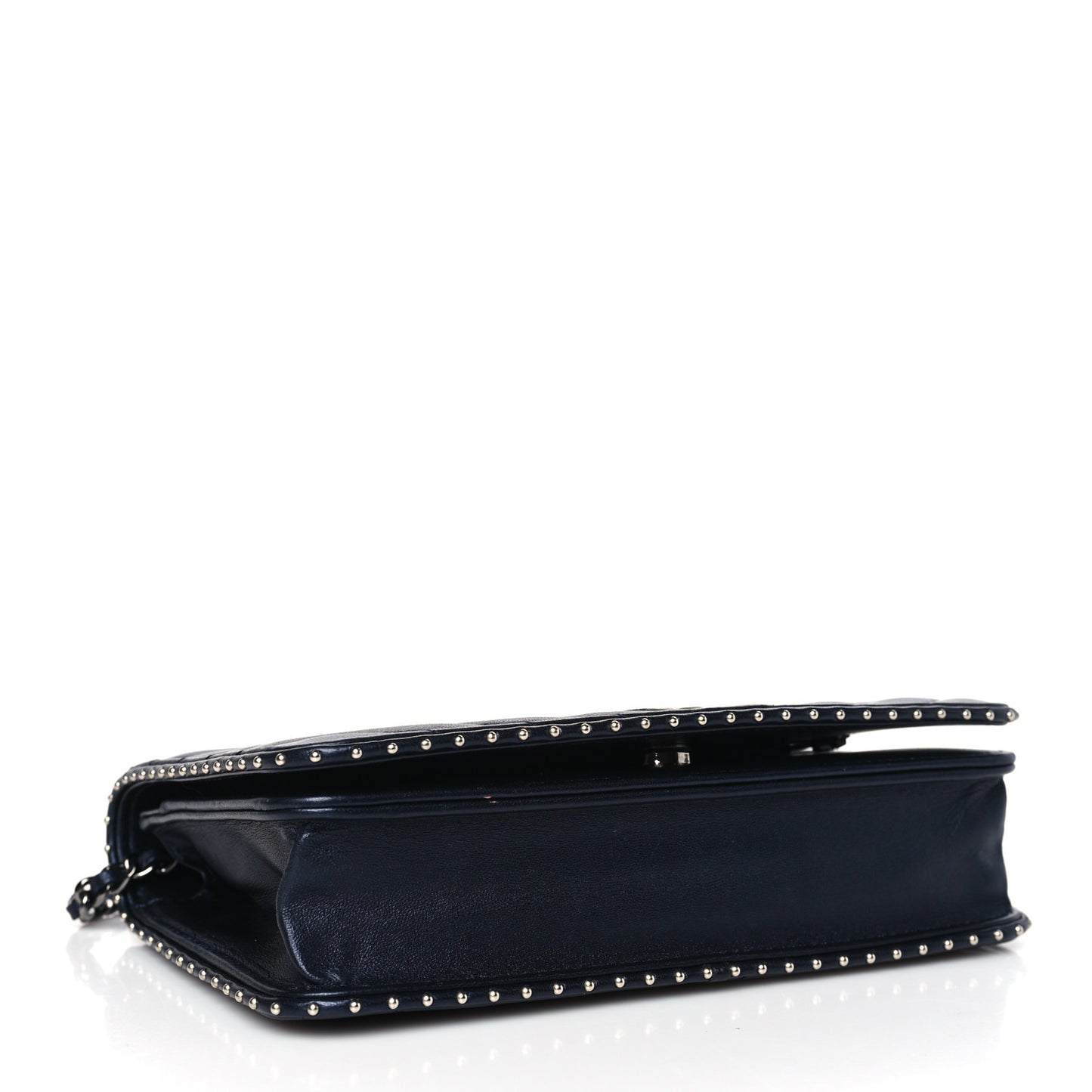 Lambskin Chevron Quilted Studded Wallet On Chain WOC Navy