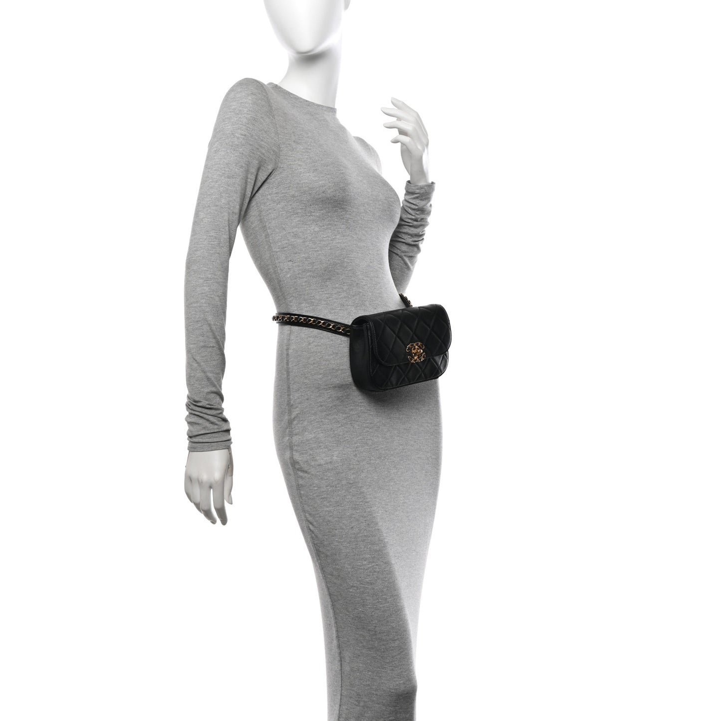 Lambskin Quilted Chain Infinity Waist Belt Bag Black