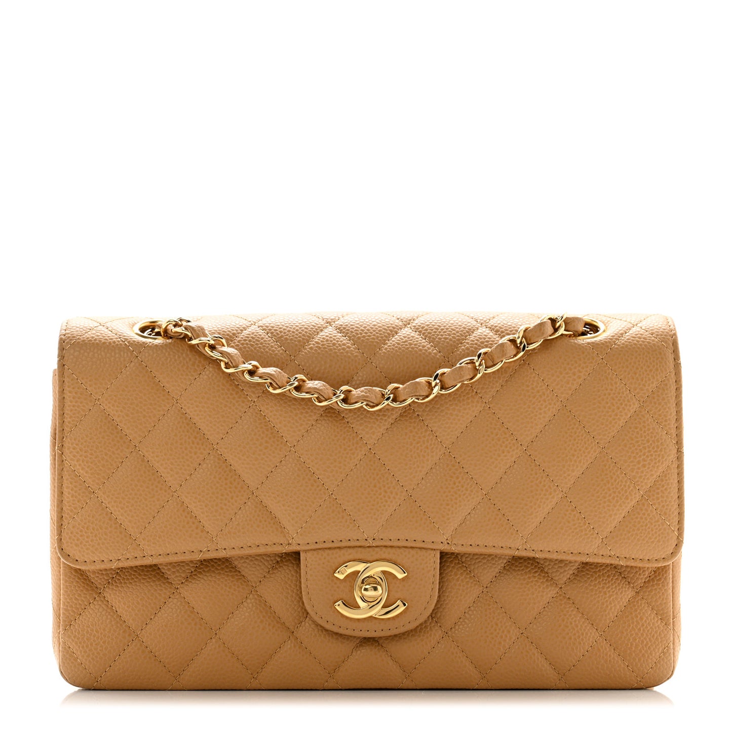 Caviar Quilted Medium Double Flap Beige