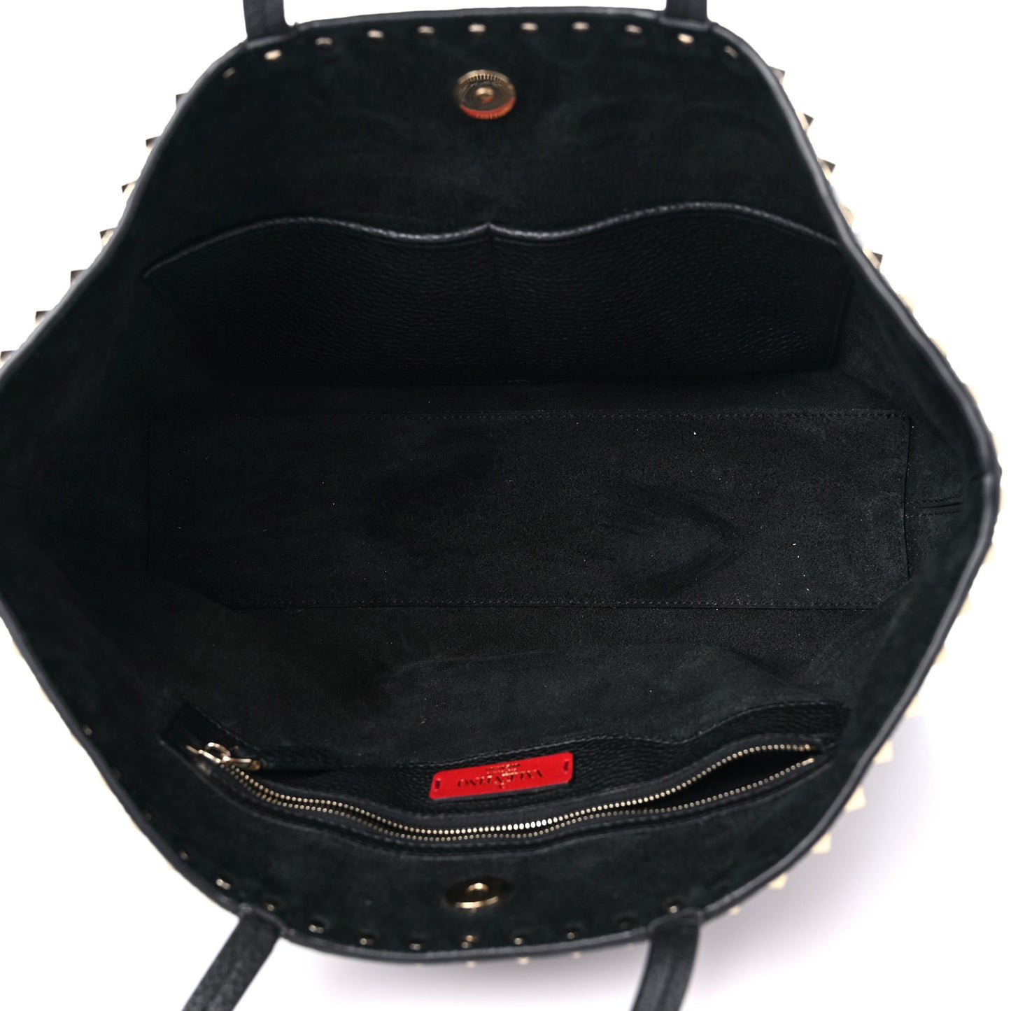 Grained Calfskin Small Rockstud Shoulder Tote Black