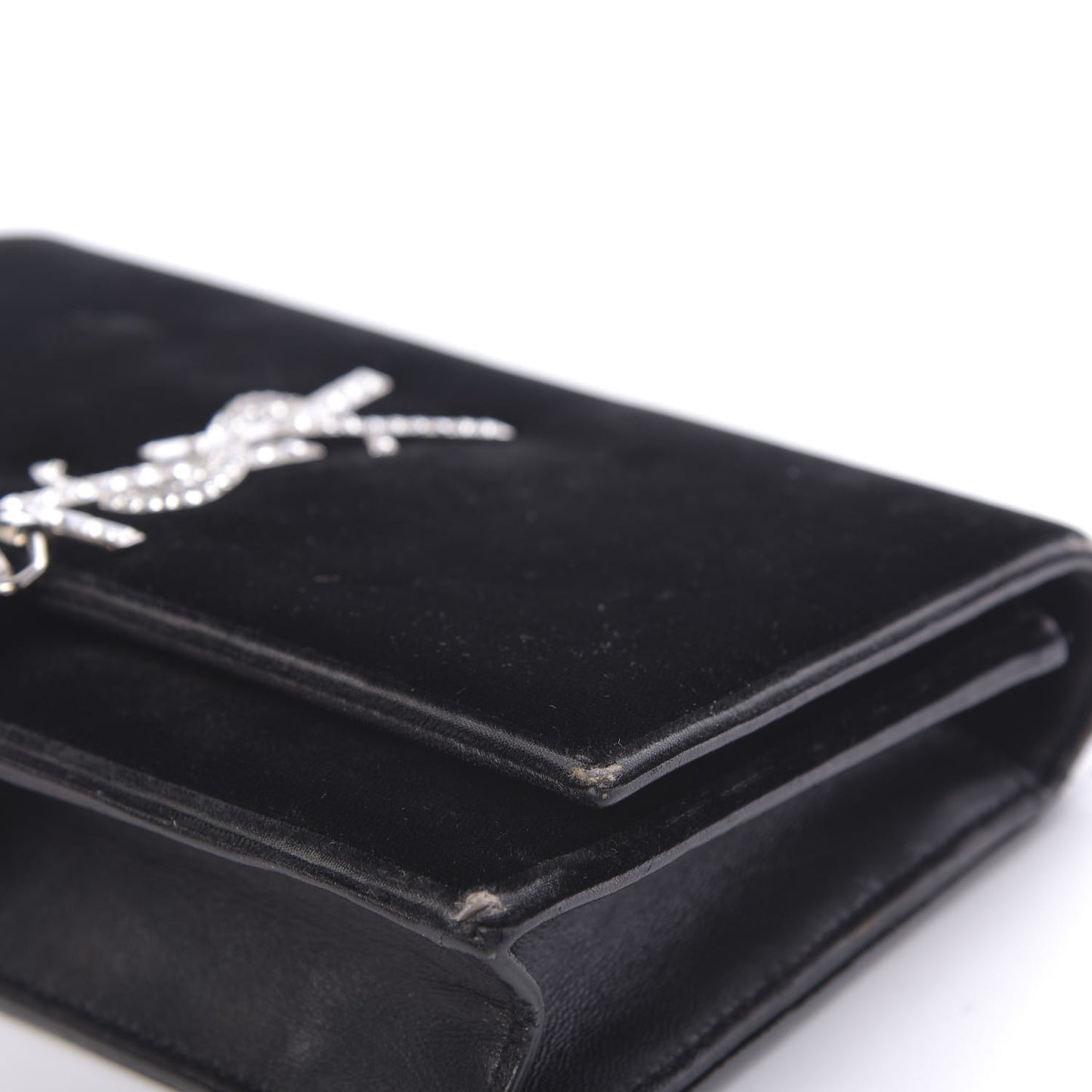Velvet Crystal Monogram Tassel Chain Wallet Black