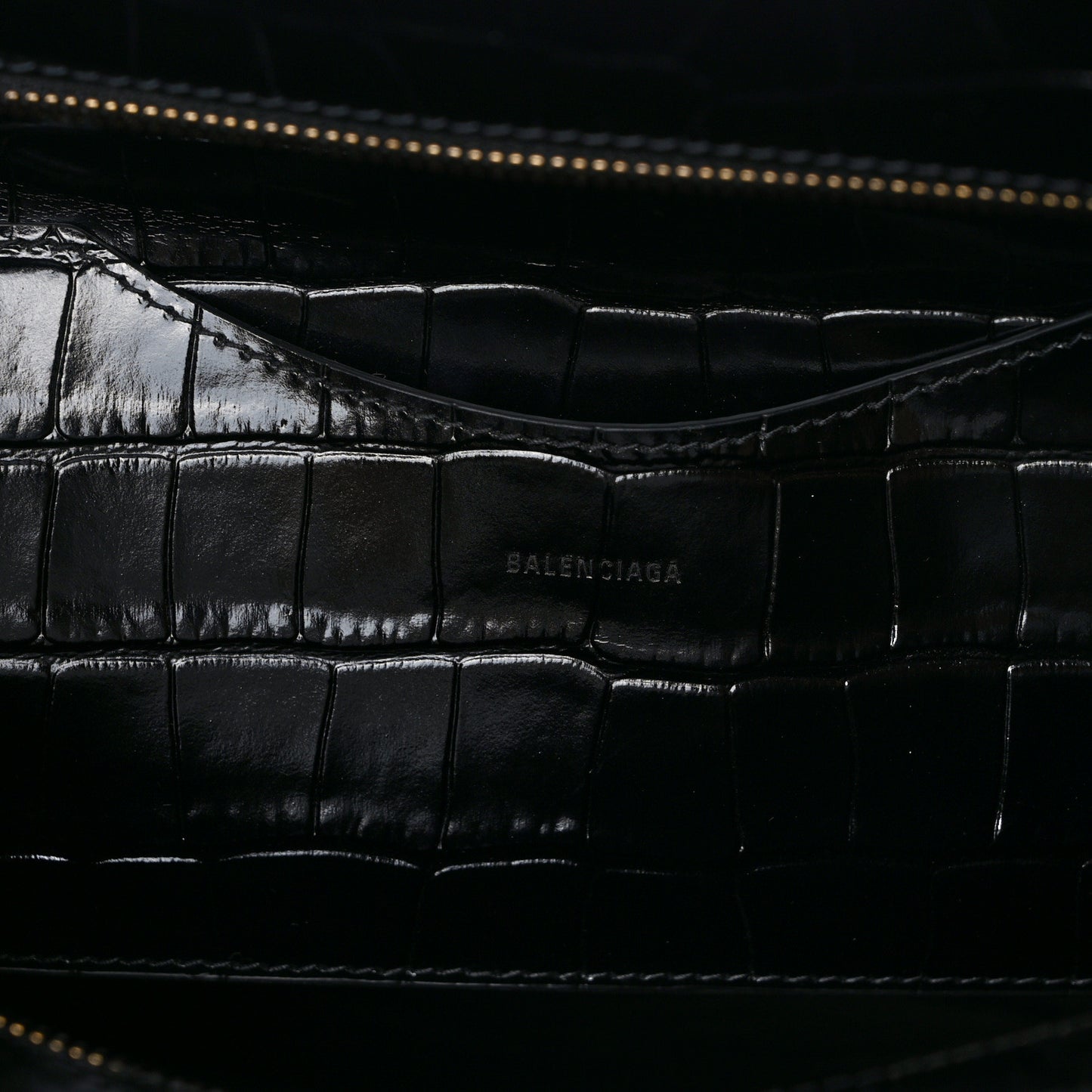 Shiny Supple Calfskin Crocodile Embossed Brass Hardware Neo Classic City Black