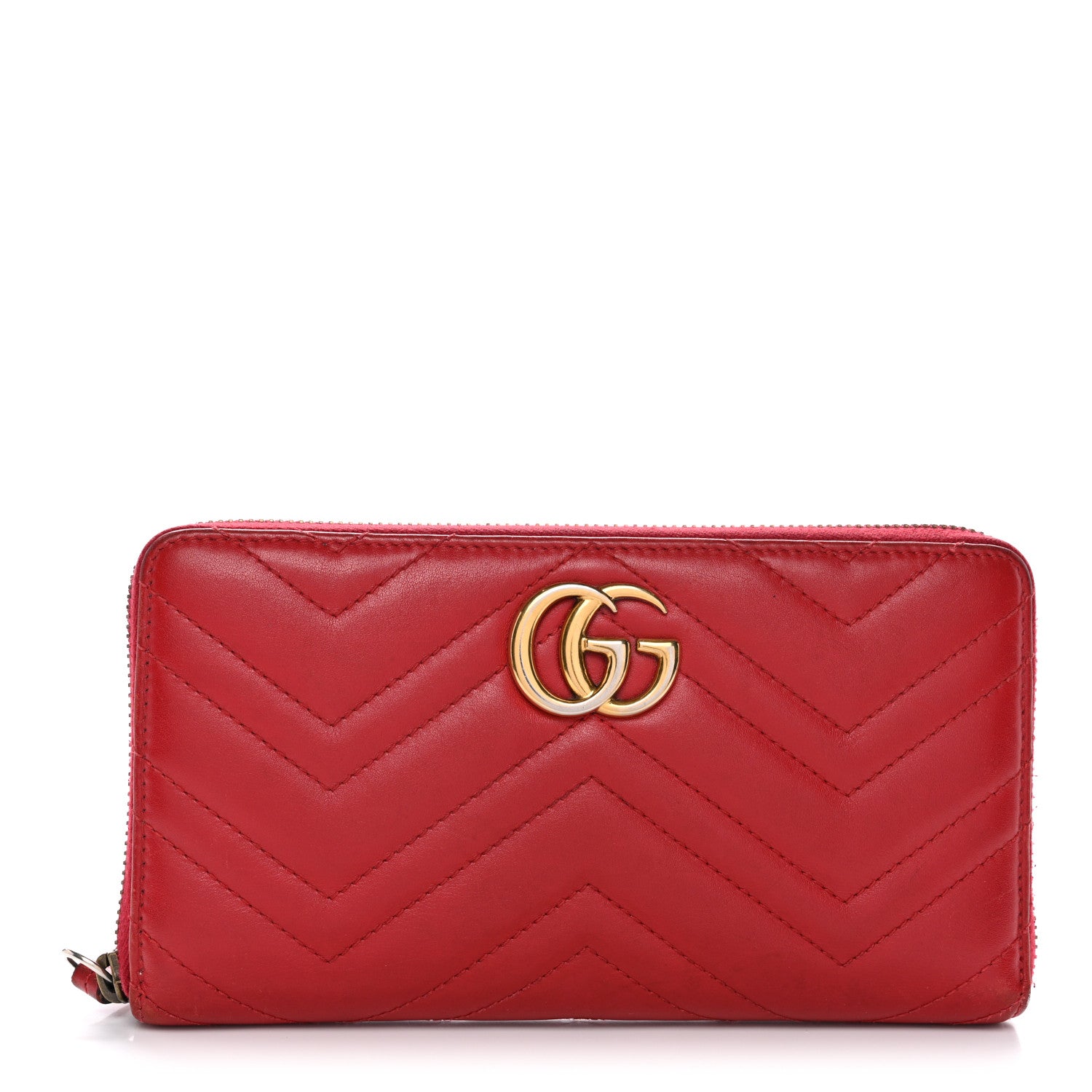 Gucci Calfskin Matelasse GG Marmont Zip Around Wallet Hibiscus Red