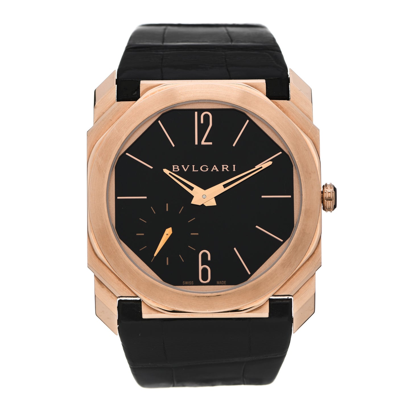 18K Rose Gold Alligator 40mm Octo Finissimo Extra Thin Manual Winding Watch Black