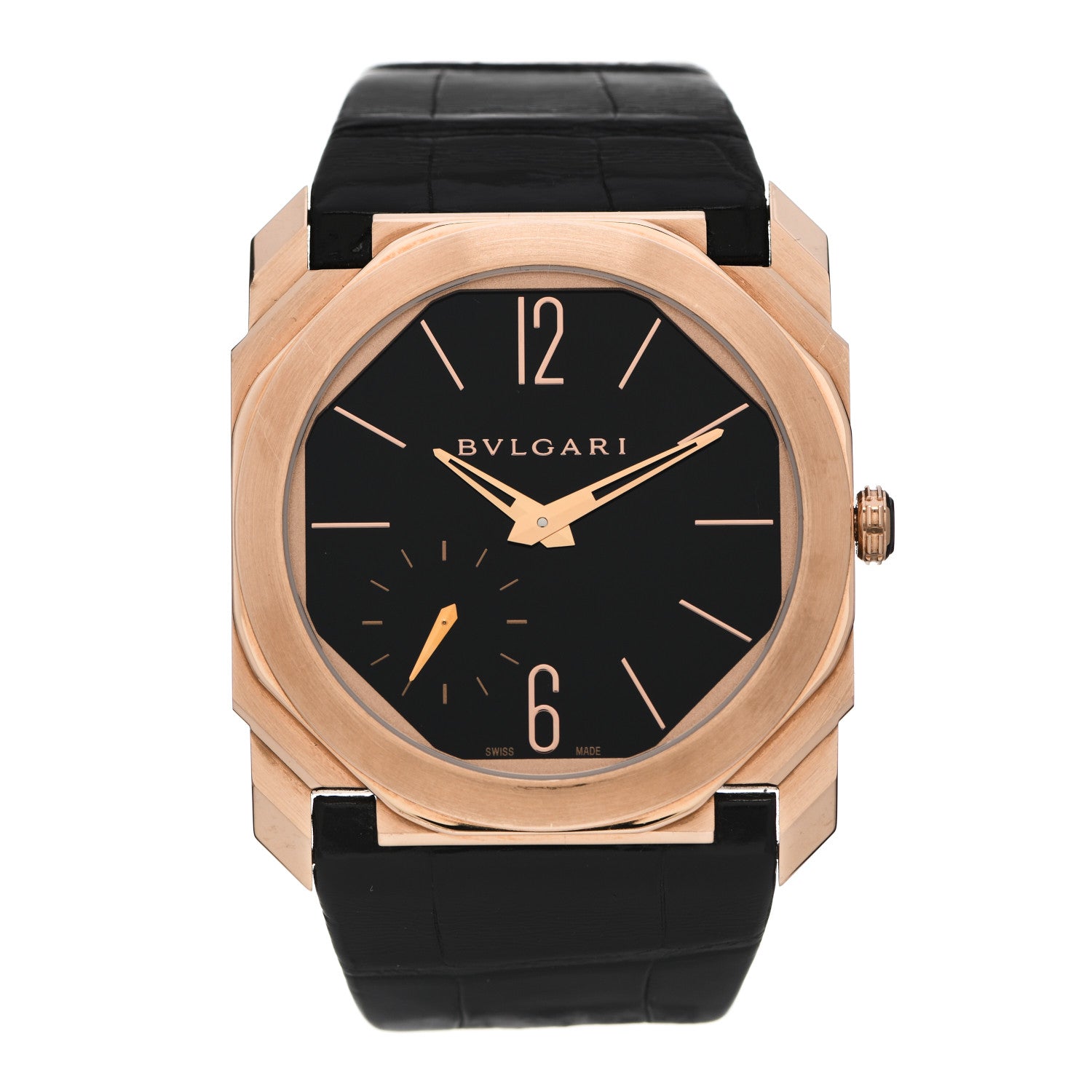 Bulgari 18K Rose Gold Alligator 40mm Octo Finissimo Extra Thin Manual Winding Watch Black 1 of 10
