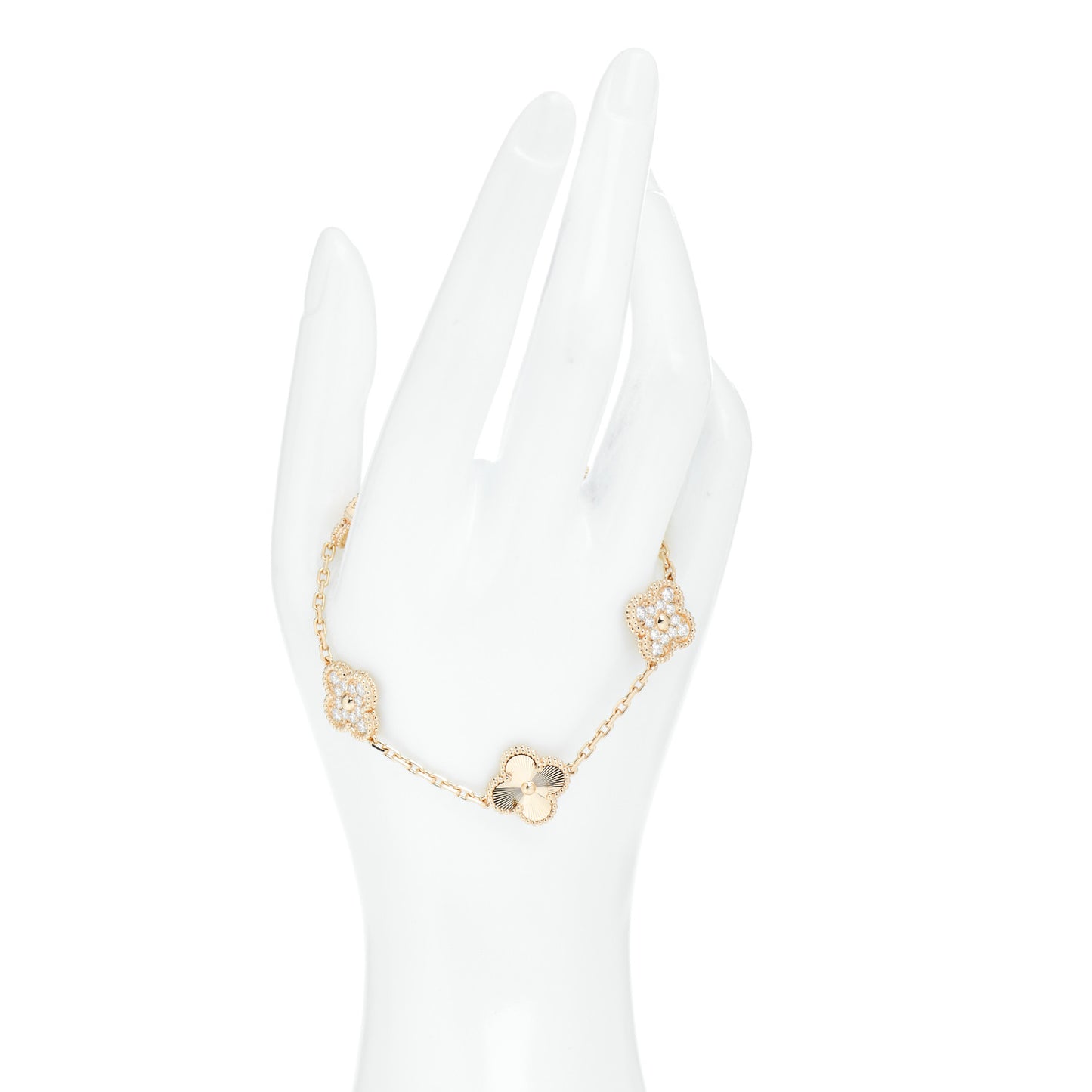 18K Yellow Gold Diamond 5 Motifs Guilloche Vintage Alhambra Bracelet