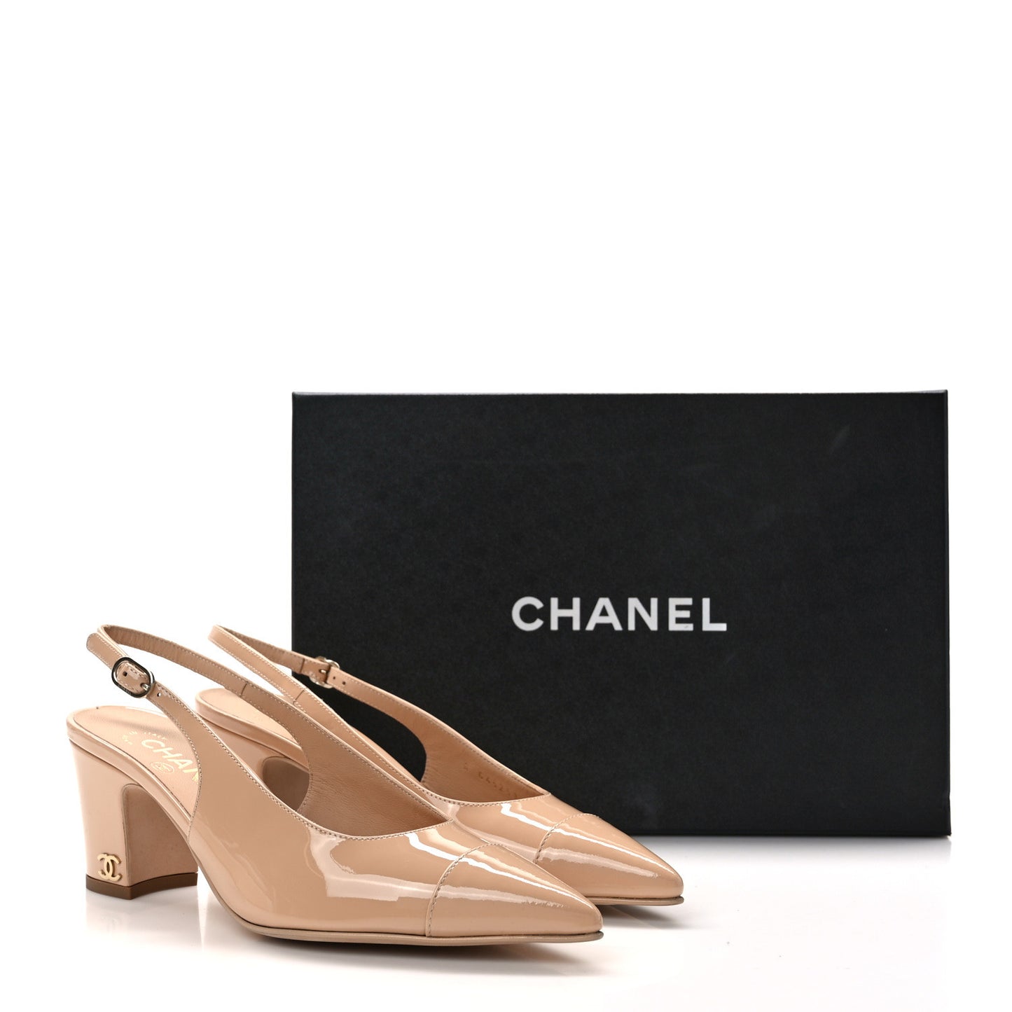 Patent Calfskin Cap Toe CC Slingback Pumps 37.5 Beige