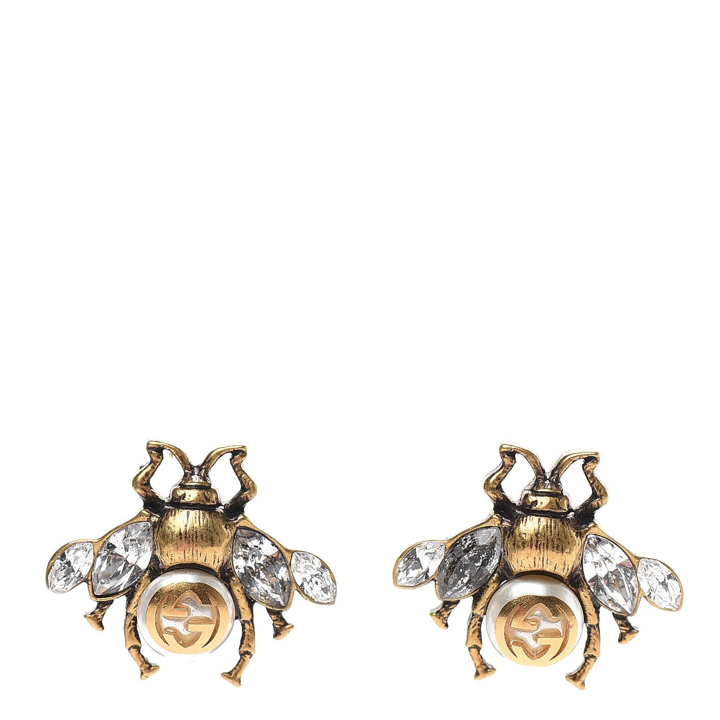 Crystal Pearl GG Bee Earrings Gold