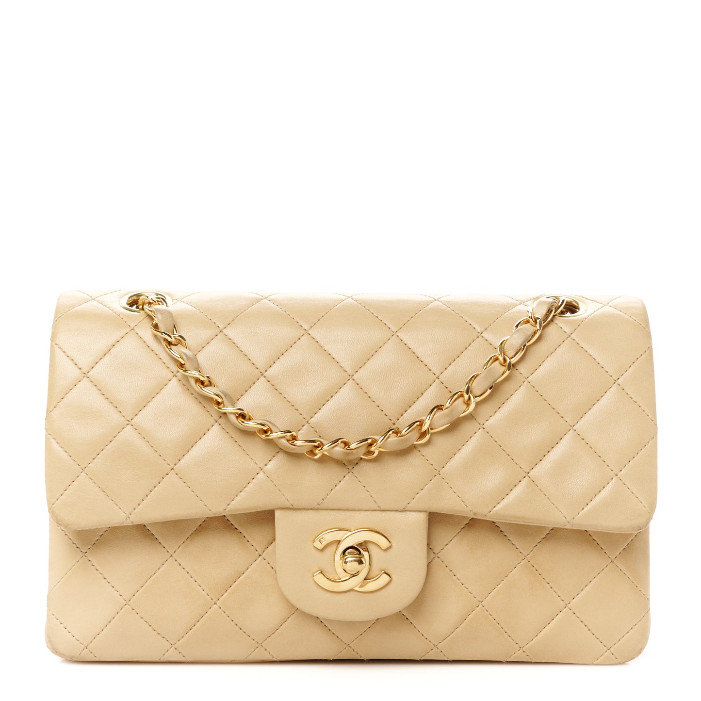 Lambskin Quilted Medium Double Flap Beige