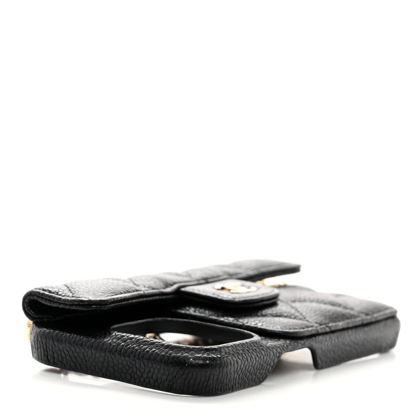 Caviar Quilted Pearl Crush iPhone 15 Pro Holder With Chain Black