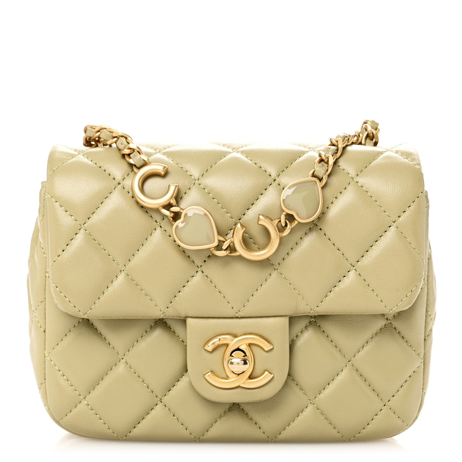 Chanel Lambskin Enamel Quilted Mini Coco Hearts Square Flap Light