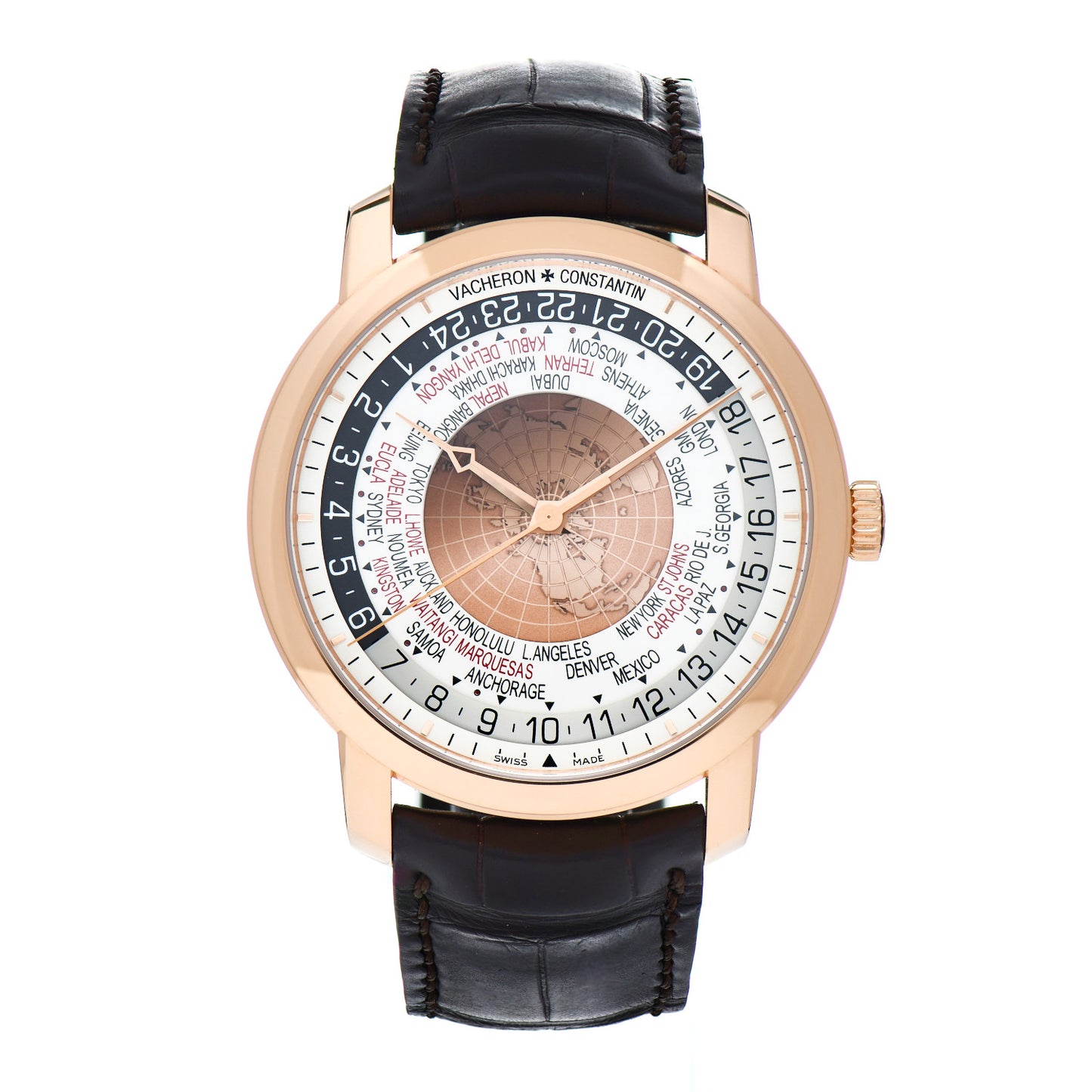 18K Pink Gold Alligator 42.5mm Traditionnelle World Time Automatic Watch 86060