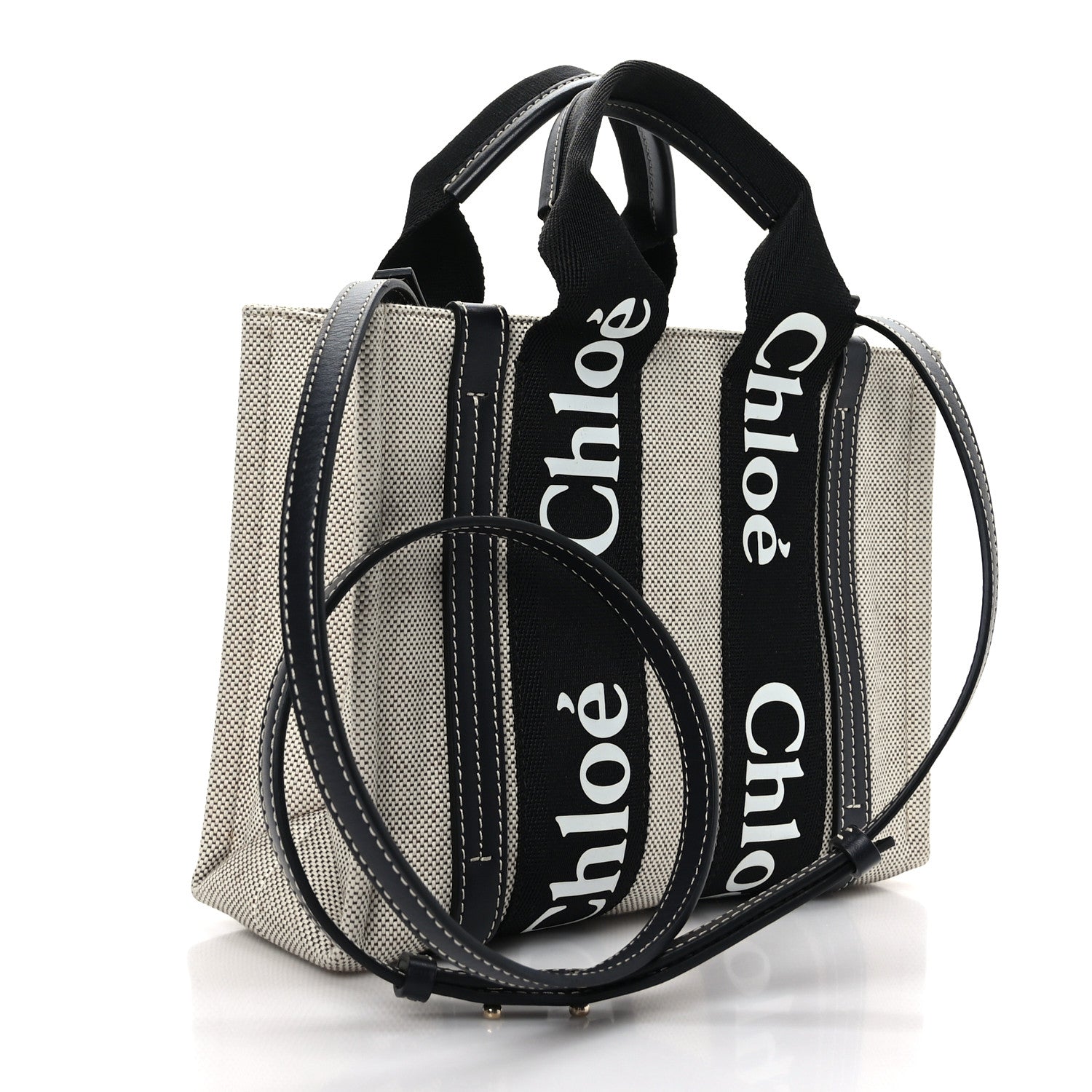 Chloe Cotton Calfskin Small Woody Ribbon Tote With Strap Black Blue 3 of 8