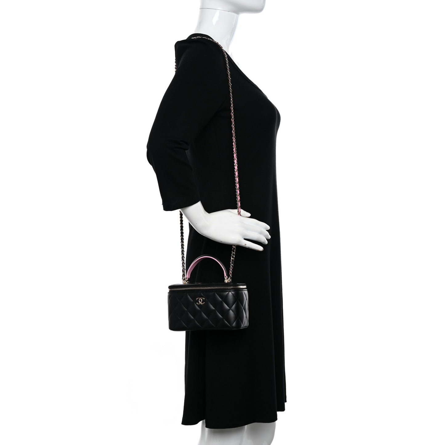 Lambskin Quilted Small Top Handle Vanity Case With Chain Black Lilac