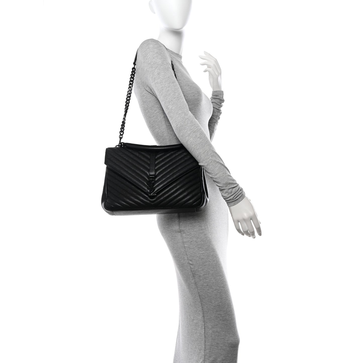 Sheepskin Matelasse Chevron Monogram Monochrome Large College Satchel Black