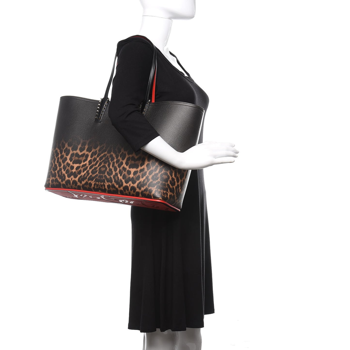 Calfskin Degrade Leopard Print Spikes East West Cabata Tote Black Multi