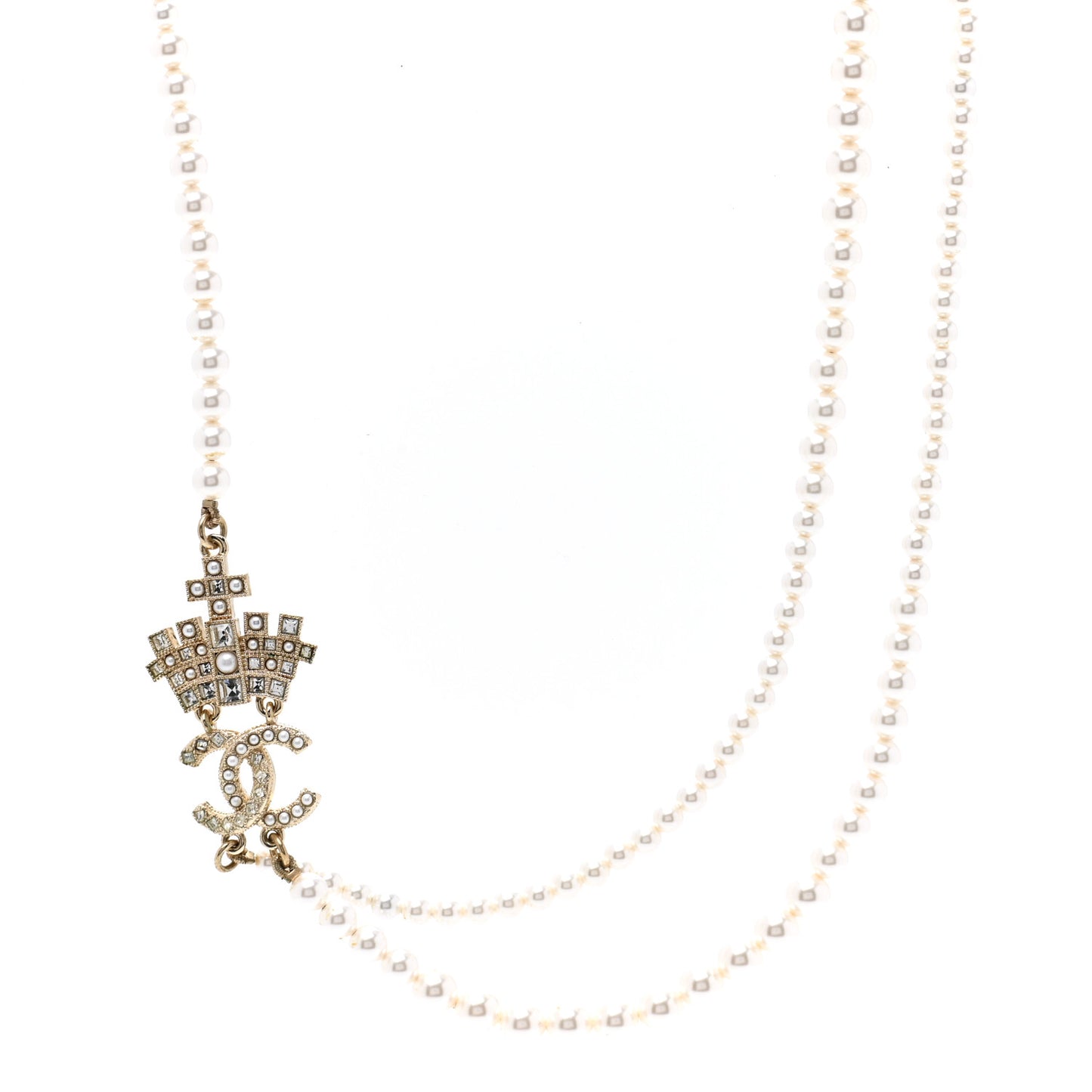 Pearl Crystal CC Crown Multi Strand Necklace Gold