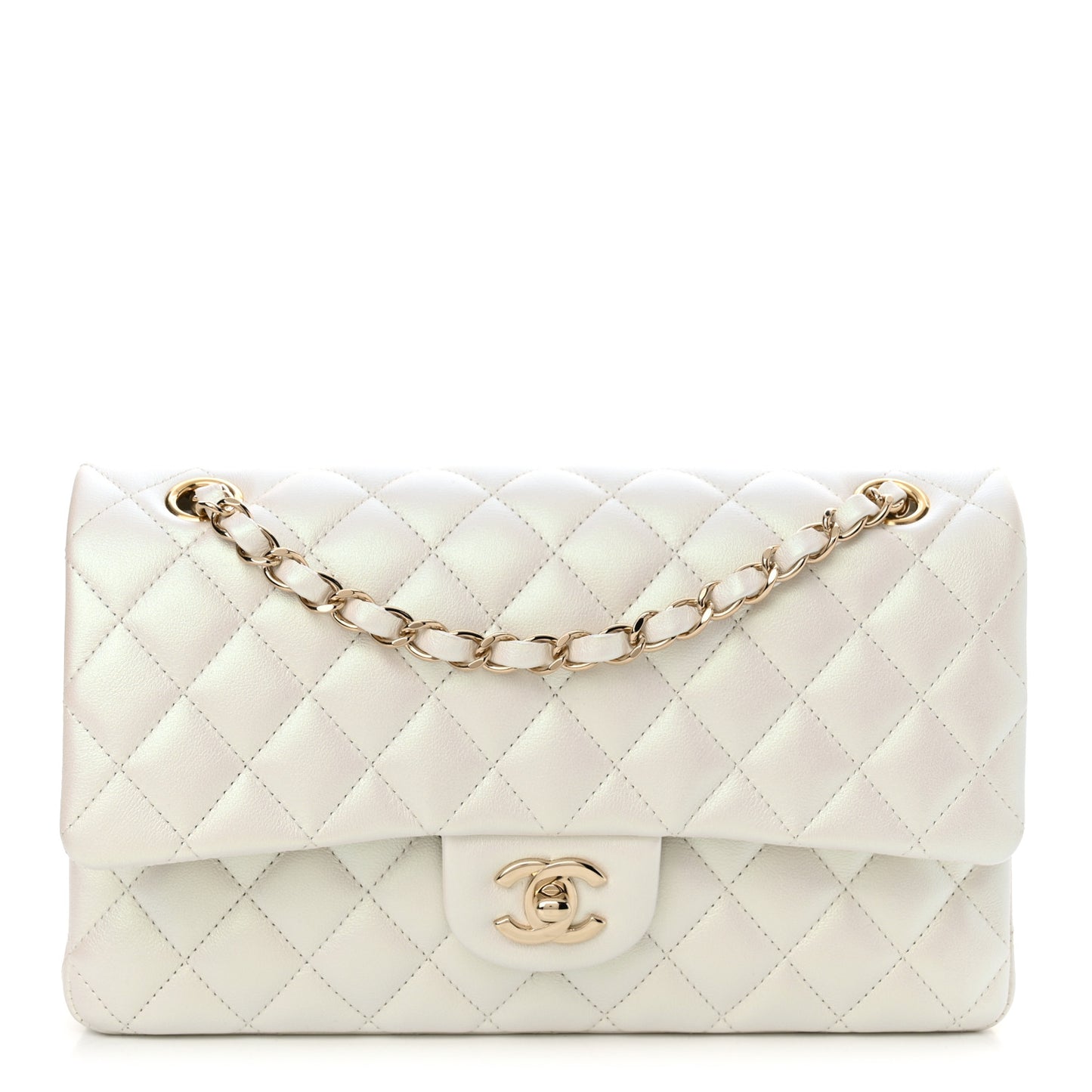 Iridescent Calfskin Quilted Medium Double Flap White