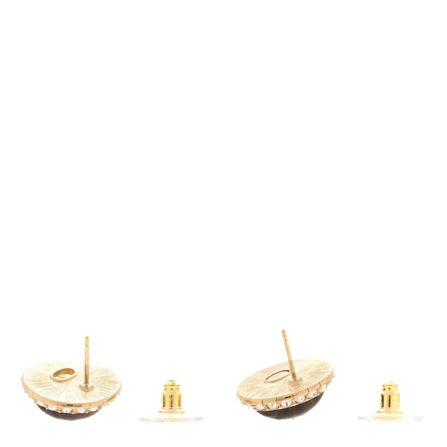Chanel Metal Wood Crystal CC Round Earrings Gold Brown 3 of 4