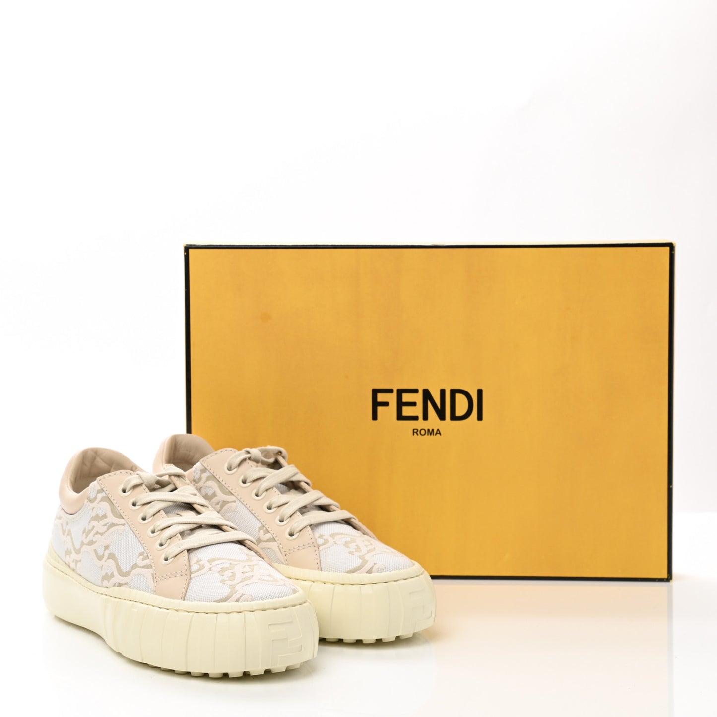 Fabric Jacquard Vitello Nappa FF Karligraphy Womens Fendi Force Low Top Sneakers 36.5 Camelia