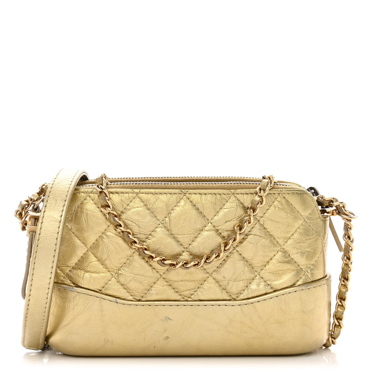 Metallic Aged Calfskin Quilted Small Gabrielle Clutch With Chain Gold