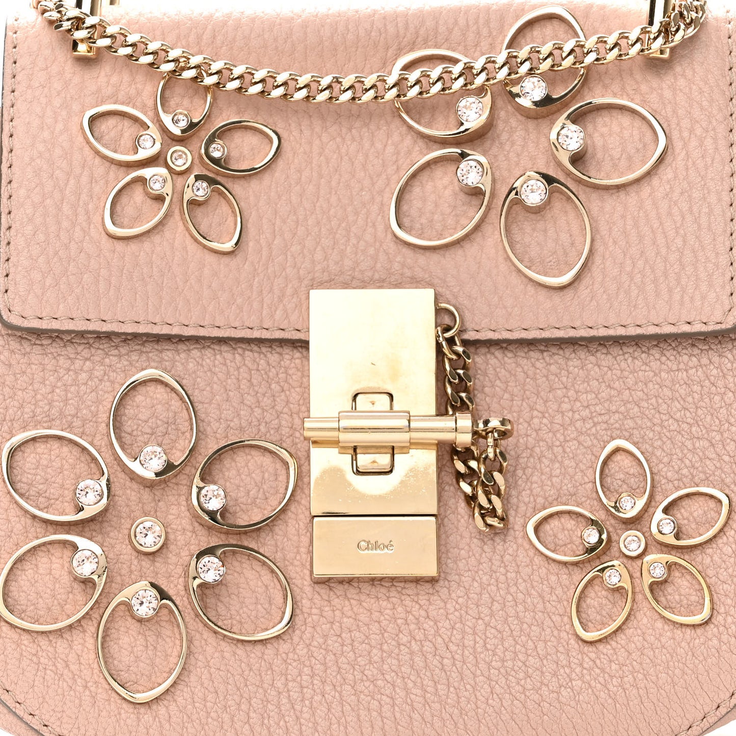 Grained Lambskin Flower Crystal Embellished Mini Drew Shoulder Bag Cement Pink
