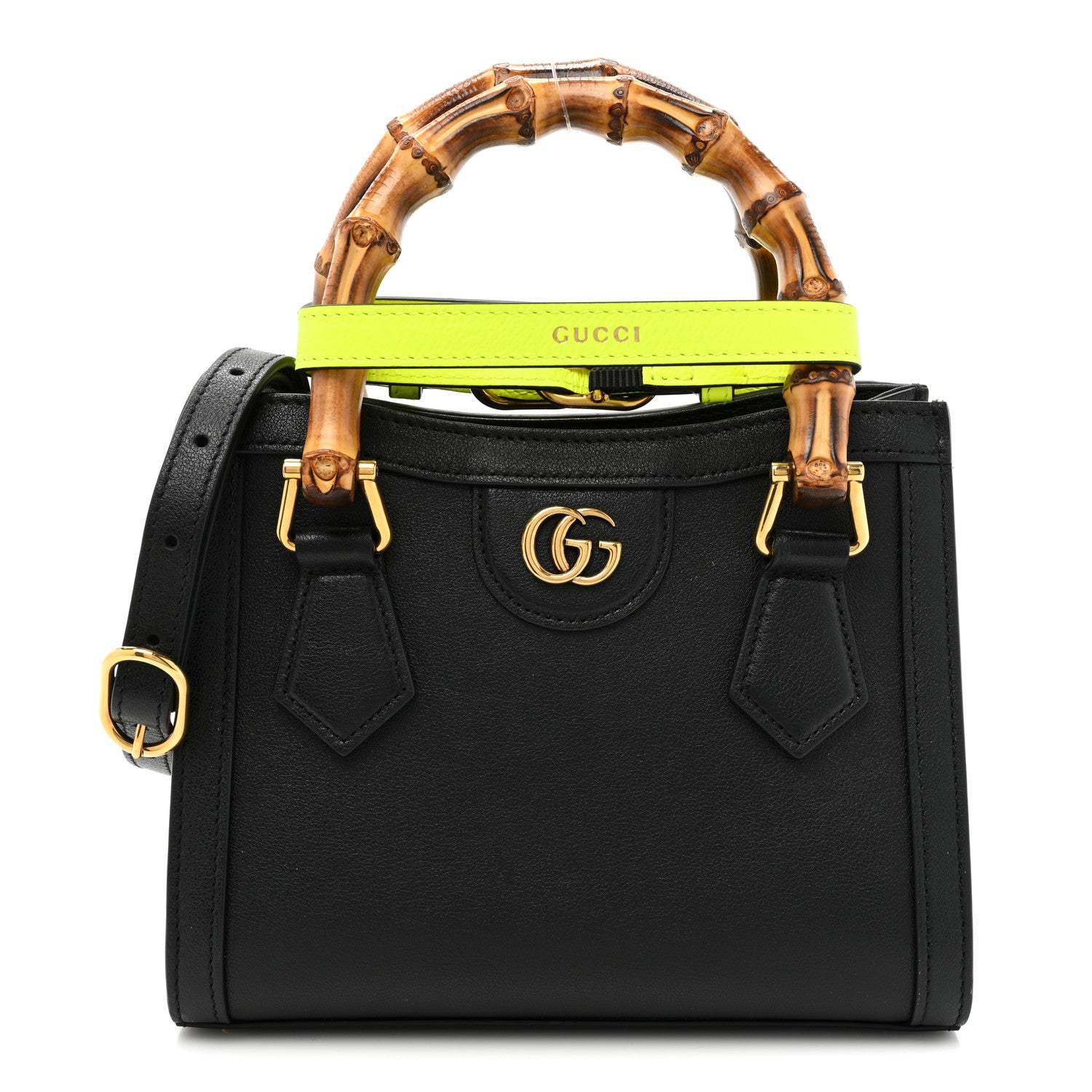 Gucci Wonka Grain Calfskin Mini Diana Tote Bag Black Yellow Fluo