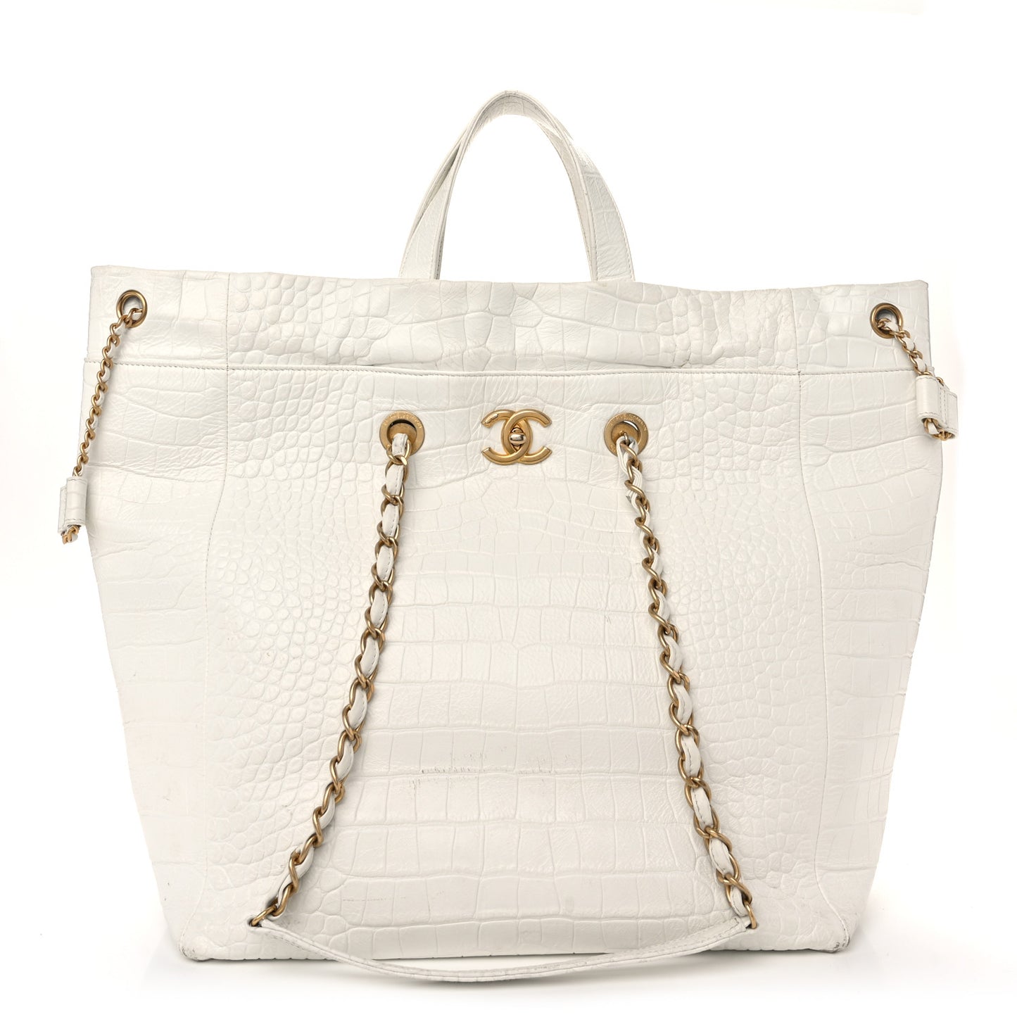 Calfskin Crocodile Embossed Large Cocodile Shopping Tote White