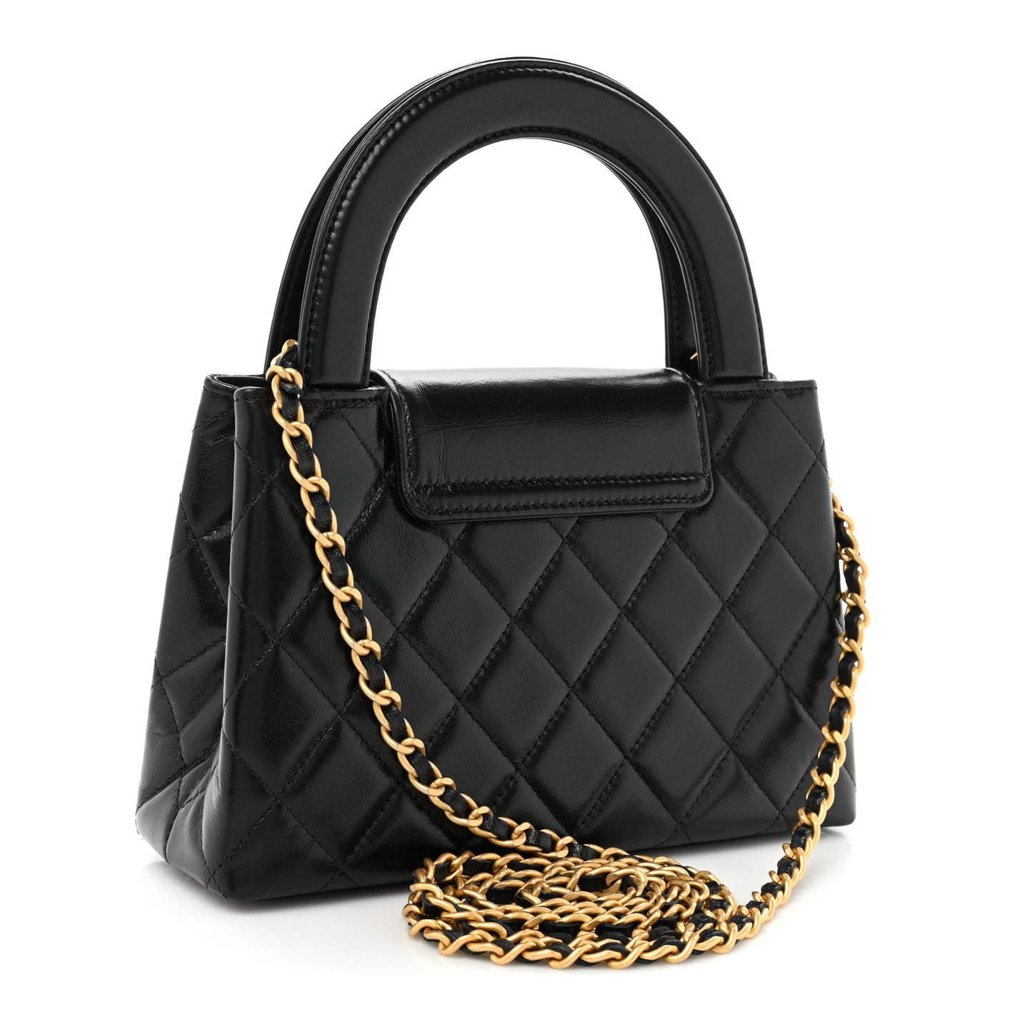 Shiny Aged Calfskin Quilted Nano Kelly Shopper Black