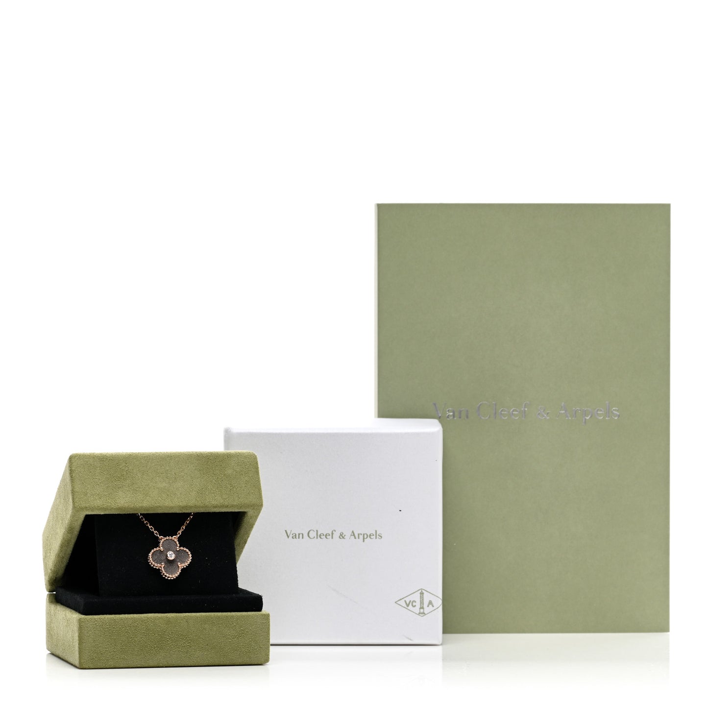 18K Rose Gold Diamond Silver Obsidian Vintage Alhambra Pendant Necklace