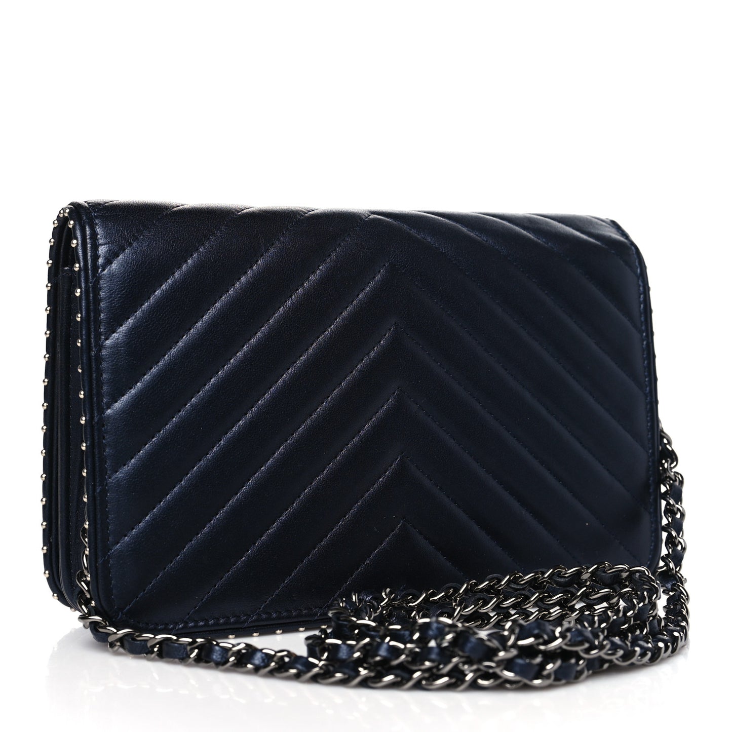 Lambskin Chevron Quilted Studded Wallet On Chain WOC Navy