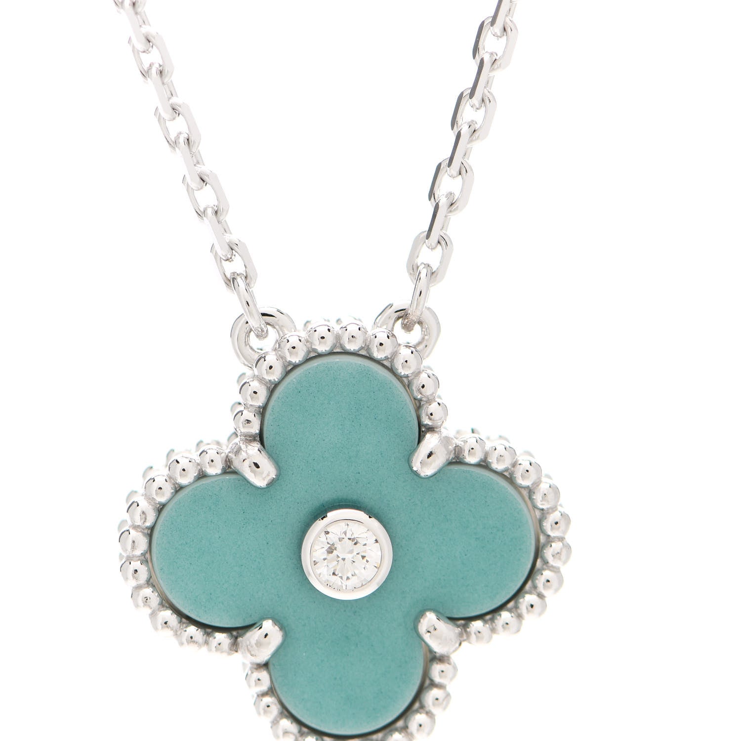 Van Cleef & Arpels 18K White Gold Diamond Celadon Green Sevres Porcelain Vintage Alhambra Pendant Necklace 5 of 6